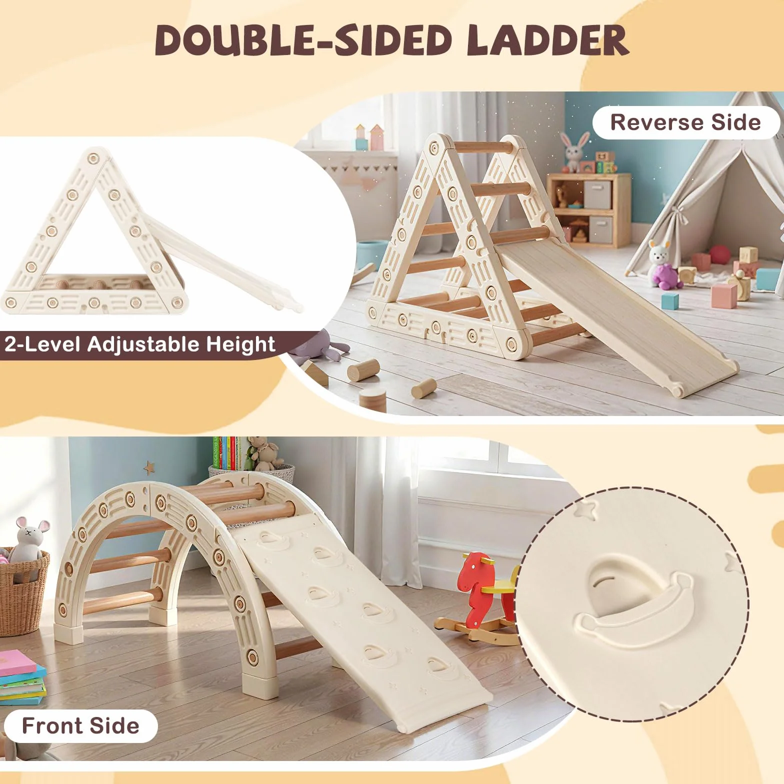 FANTASK Montessori - Set da arrampicata 5 in 1, con scivolo e triangolo in legno, giocattolo da arrampicata con rampa bifacciale, giocattolo per bambini dai 3 ai 6 anni