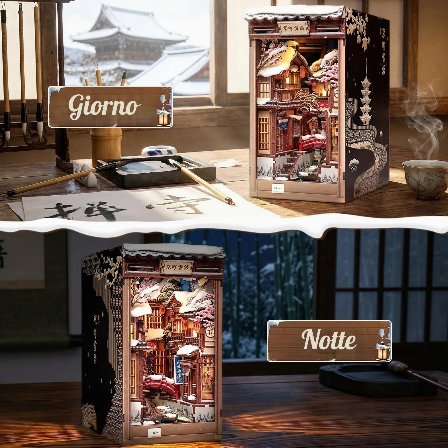 CUTEBEE Book Nook Kit - Casa delle bambole fai da te da costruire per adulti, puzzle 3D in legno con LED, scena invernale a Kyoto, decorazione per biblioteca, regali fatti a mano (Kyoto Snow Whisper)
