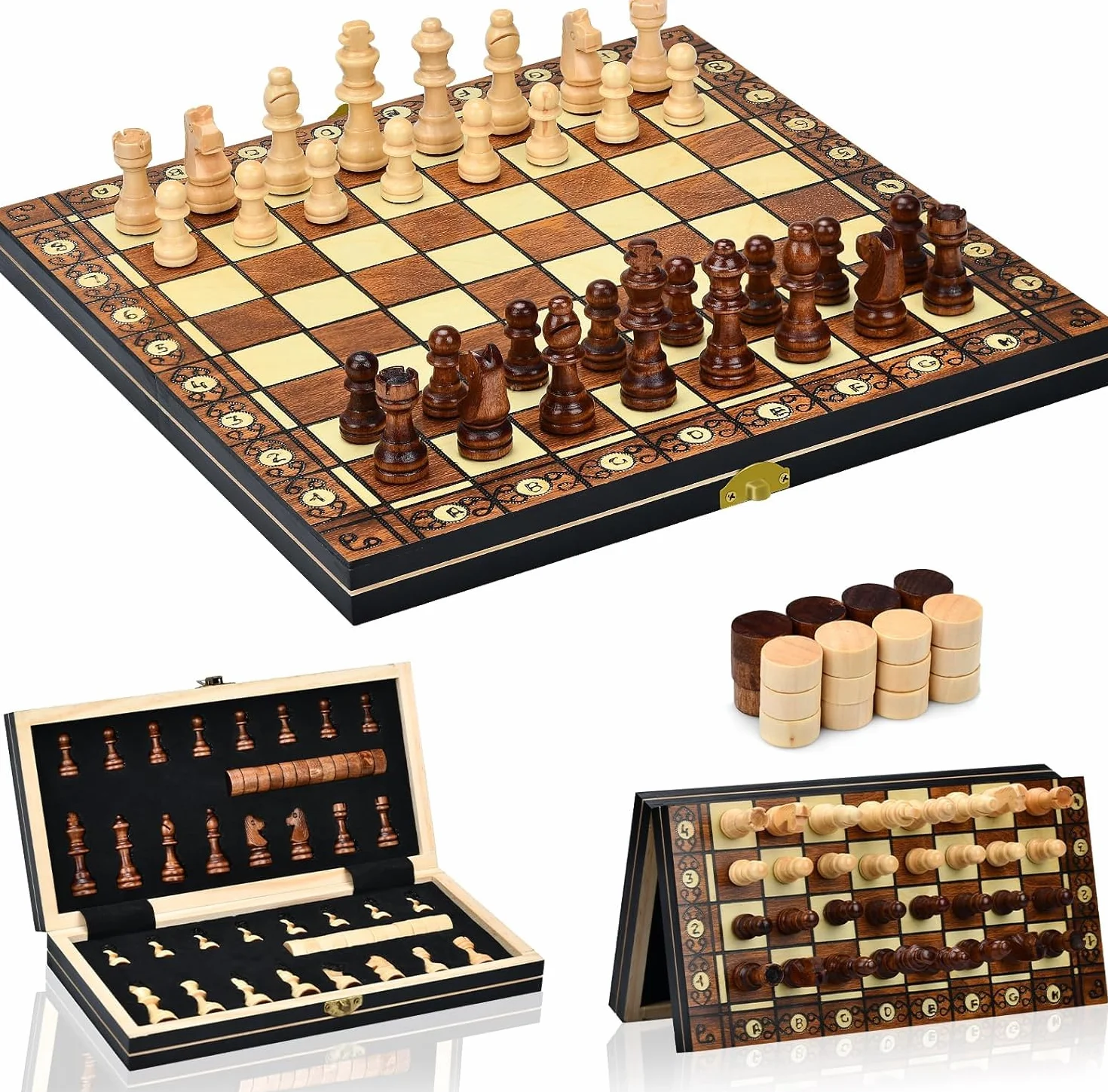 Aissom Scacchiera in Legno 2 in 1 Pieghevole Magnetica Scacchi Backgammon Dama 29x29 cm