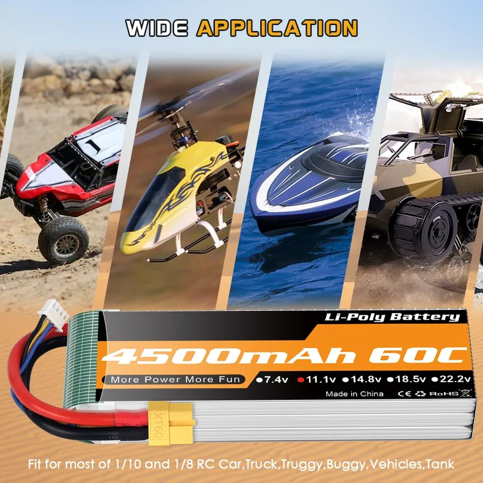 Youme Batteria LiPo 11.1V 3S 4500mAh 60C XT60 per auto droni barche RC 2pz | Batterie LiPo RC 11,1V 3S 4500mAh 60C custodia soft XT60 per auto camion buggy veicoli barche aerei elicotteri e droni RC