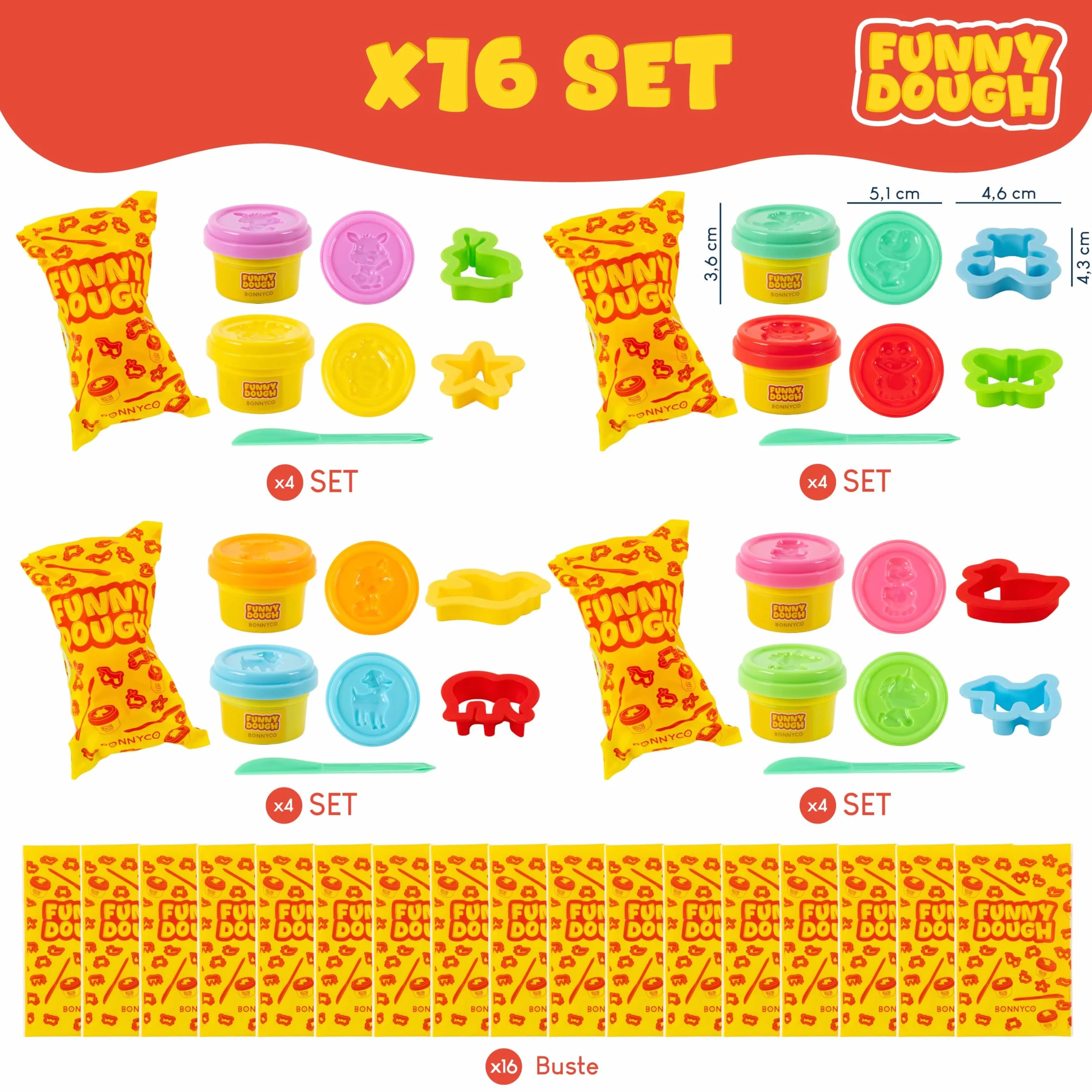 BONNYCO Set Plastilina per Bambini con Stampini e Sacchettini Regalo, 16 Pezzi
