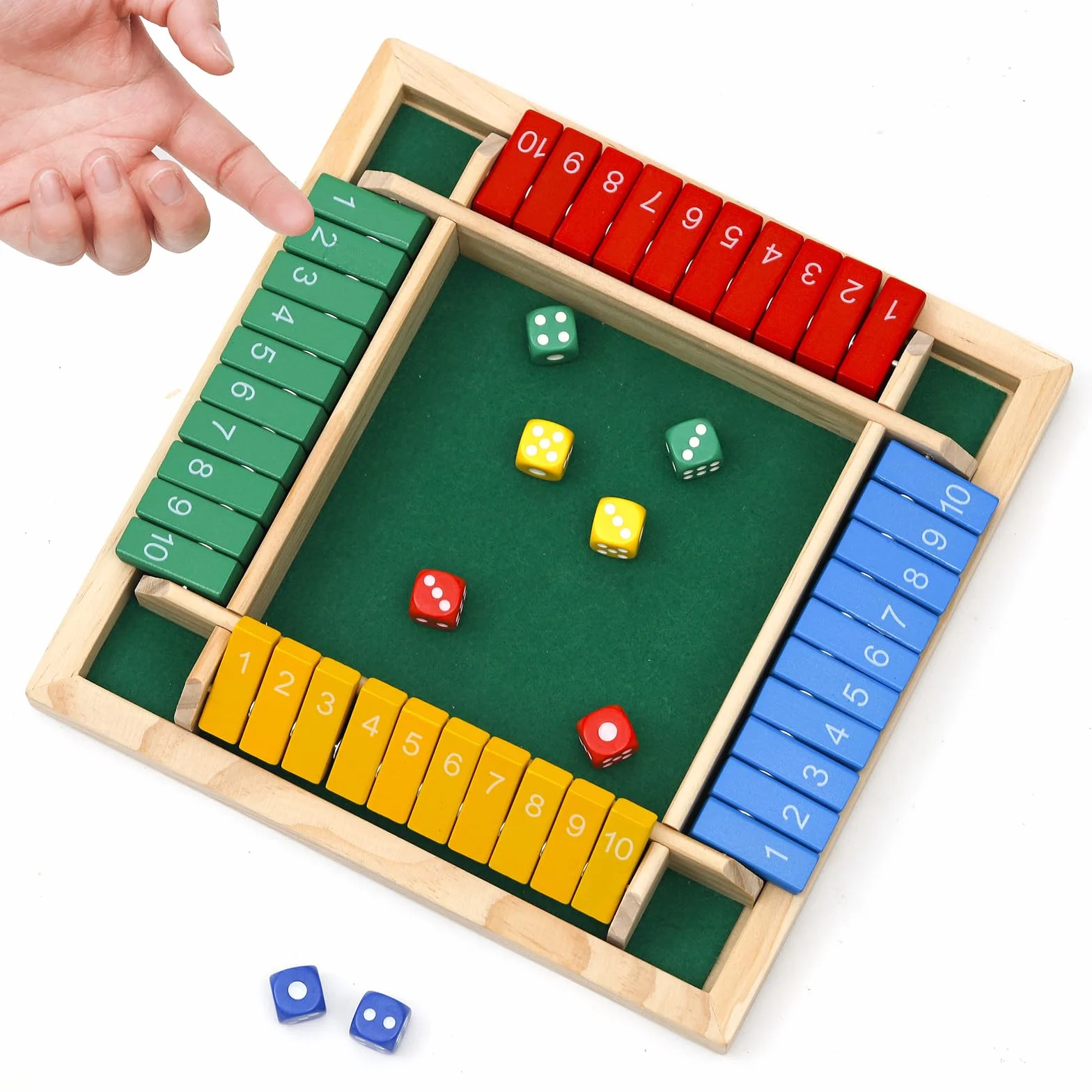 Flero Shut The Box - Gioco a dadi per 4 giocatori in legno - Gioco di tattica e calcolo (Multicolore) - Gioco da tavolo, giocattolo educativo, gioco didattico per bambini e adulti - 8 dadi