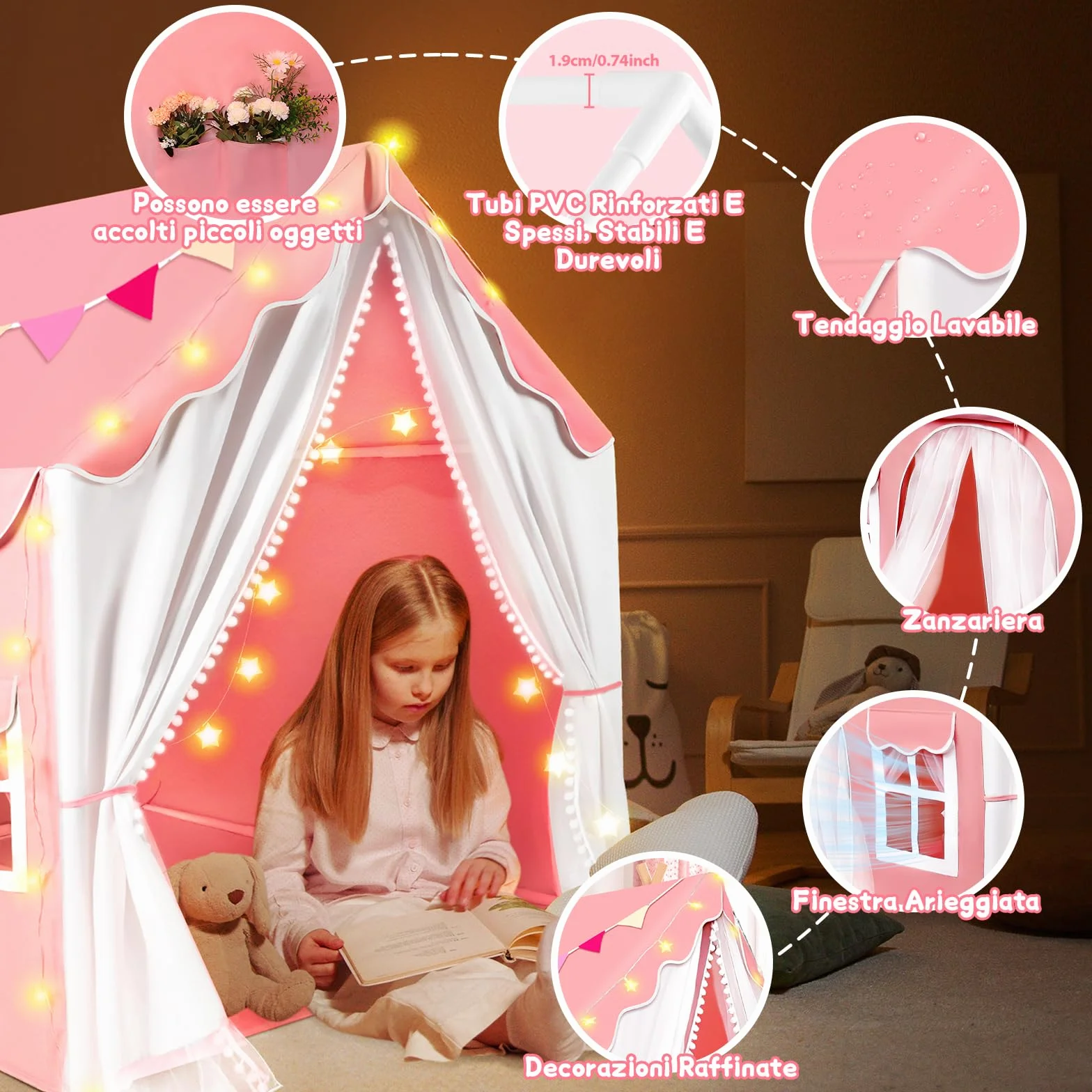 JONRRYIN 2 IN 1 Tenda per Bambini Cameretta, Tenda da Gioco con 2 Porte per Interni Esterni con Finestre, Luci LED e Bandierine, Tenda Letto Casetta Tenda per Bambini Regalo