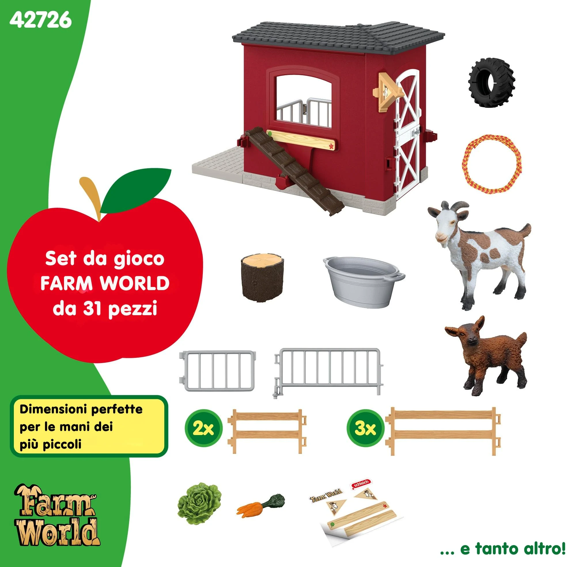 Schleich Farm World | Stalla delle capre 42726 | dai 3 Anni | 31 Pezzi | Set con stalla, capra, capretto, recinto & accessori | Figure di animali realistiche | Idea regalo bambini | Giocattolo fatto