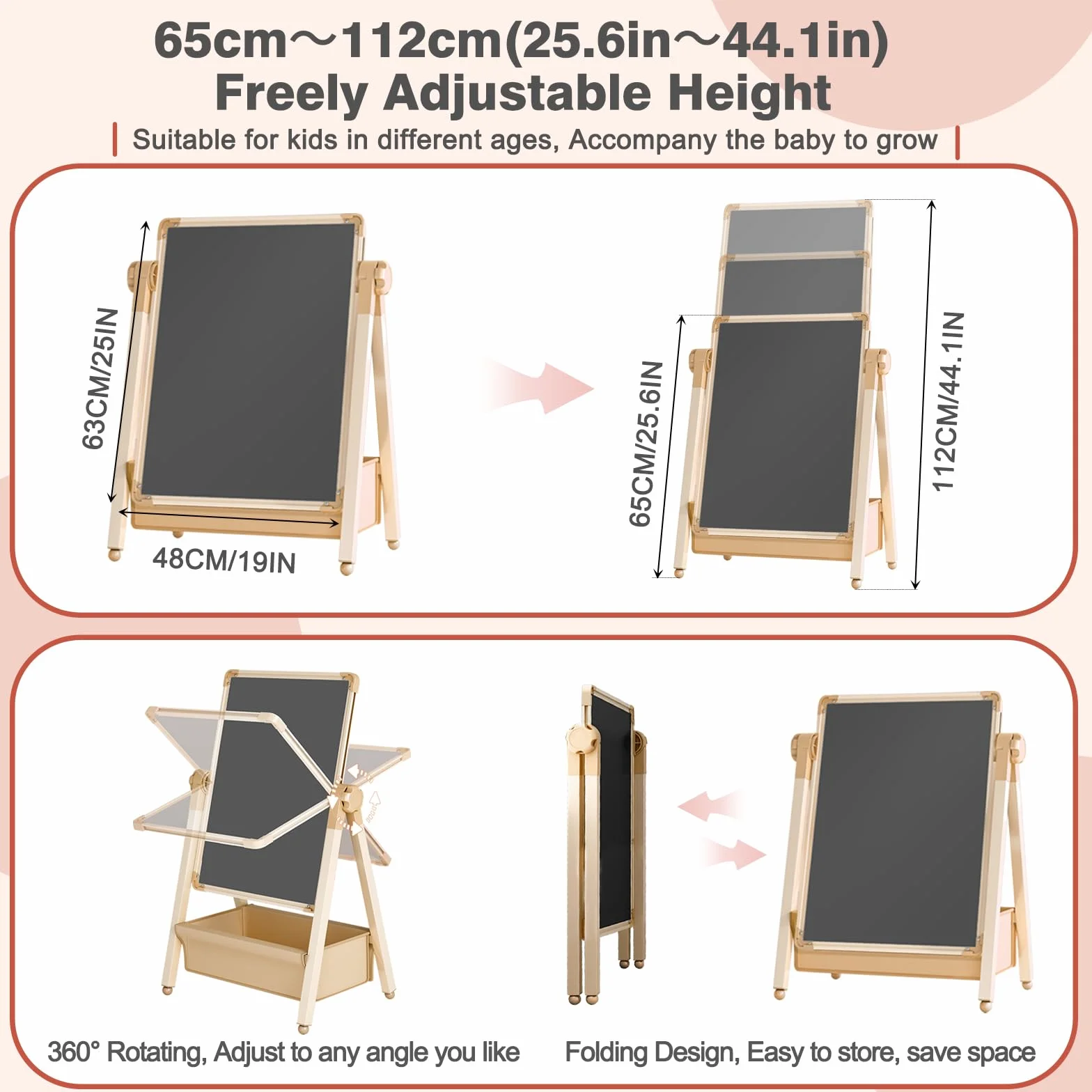Lavagna per Bambini 3 in 1 Cavalletto Artistico Doppia Faccia Regolabile Altezza Girevole 360° con Lettere e Numeri