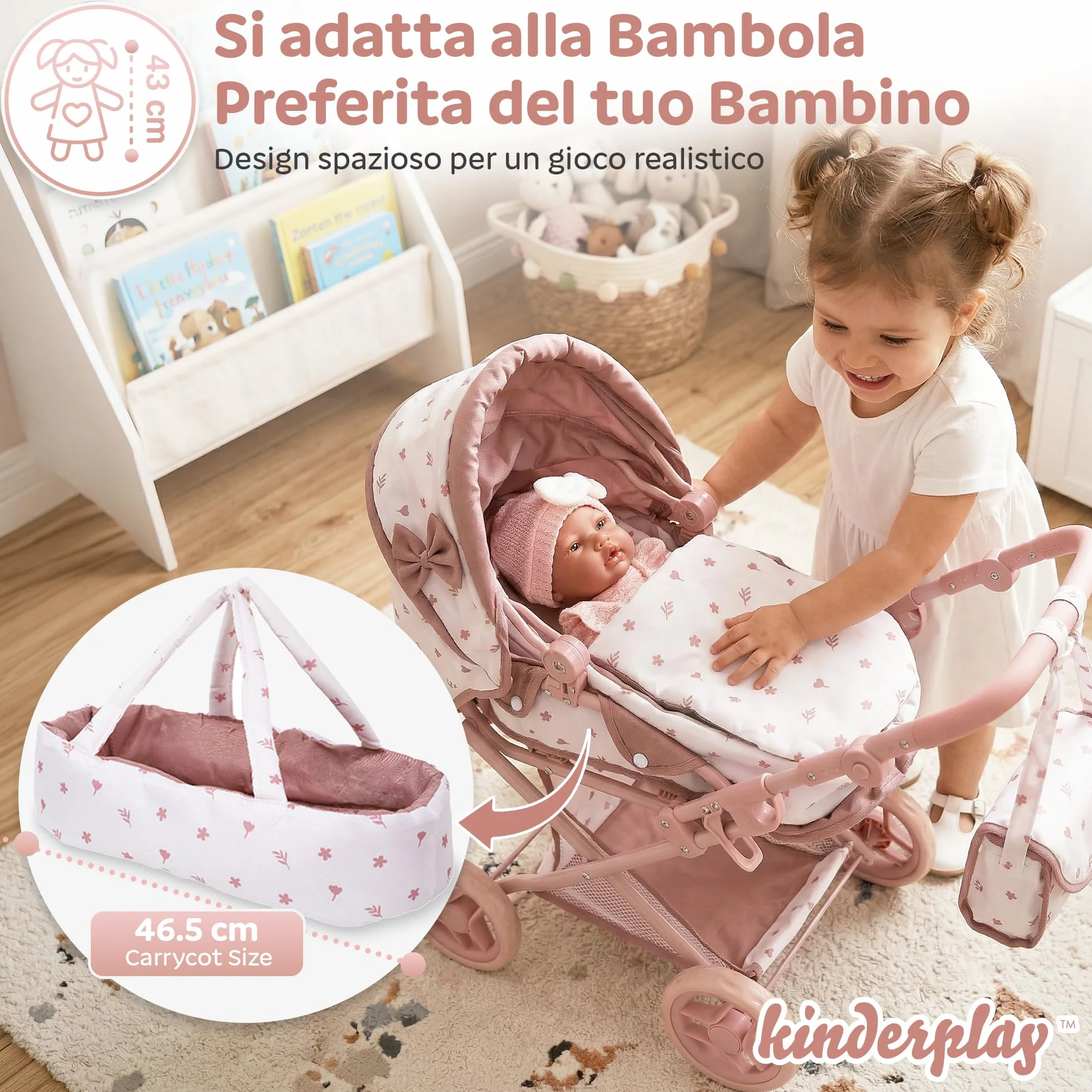 Kinderplay Passeggino per bambole 3 in 1 rosa con borsa per il trasporto – Passeggino regolabile in altezza 36,5 – 64 cm, pieghevole, ruote in schiuma silenziose, per bambole fino a 40 cm, dai 3 anni