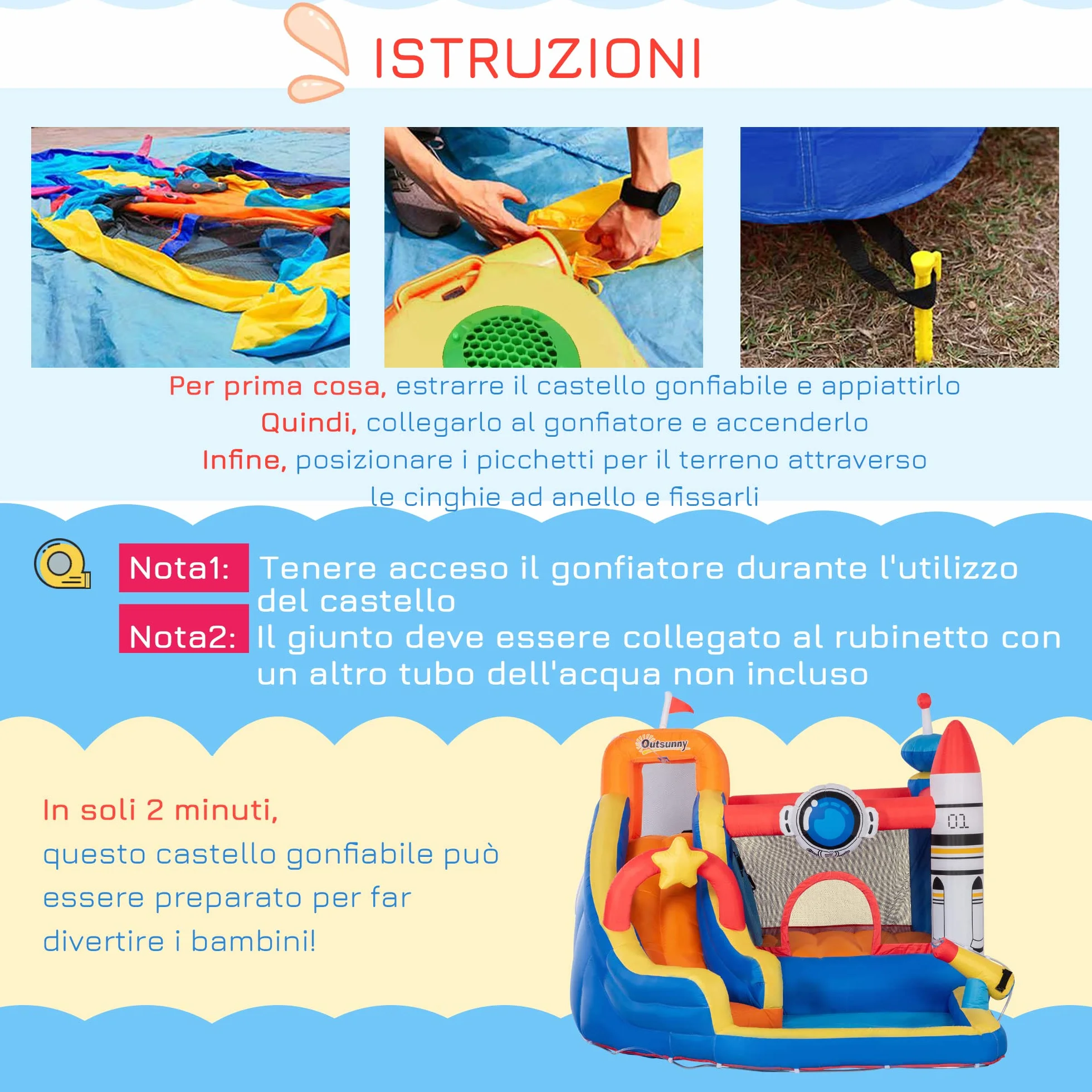 Outsunny Castello Gonfiabile per Bambini 3-8 Anni a tema Spazio con Borsa da Trasporto, 11 Paletti e Toppe Inclusi, in Tessuto Oxford, 340x270x227 cm
