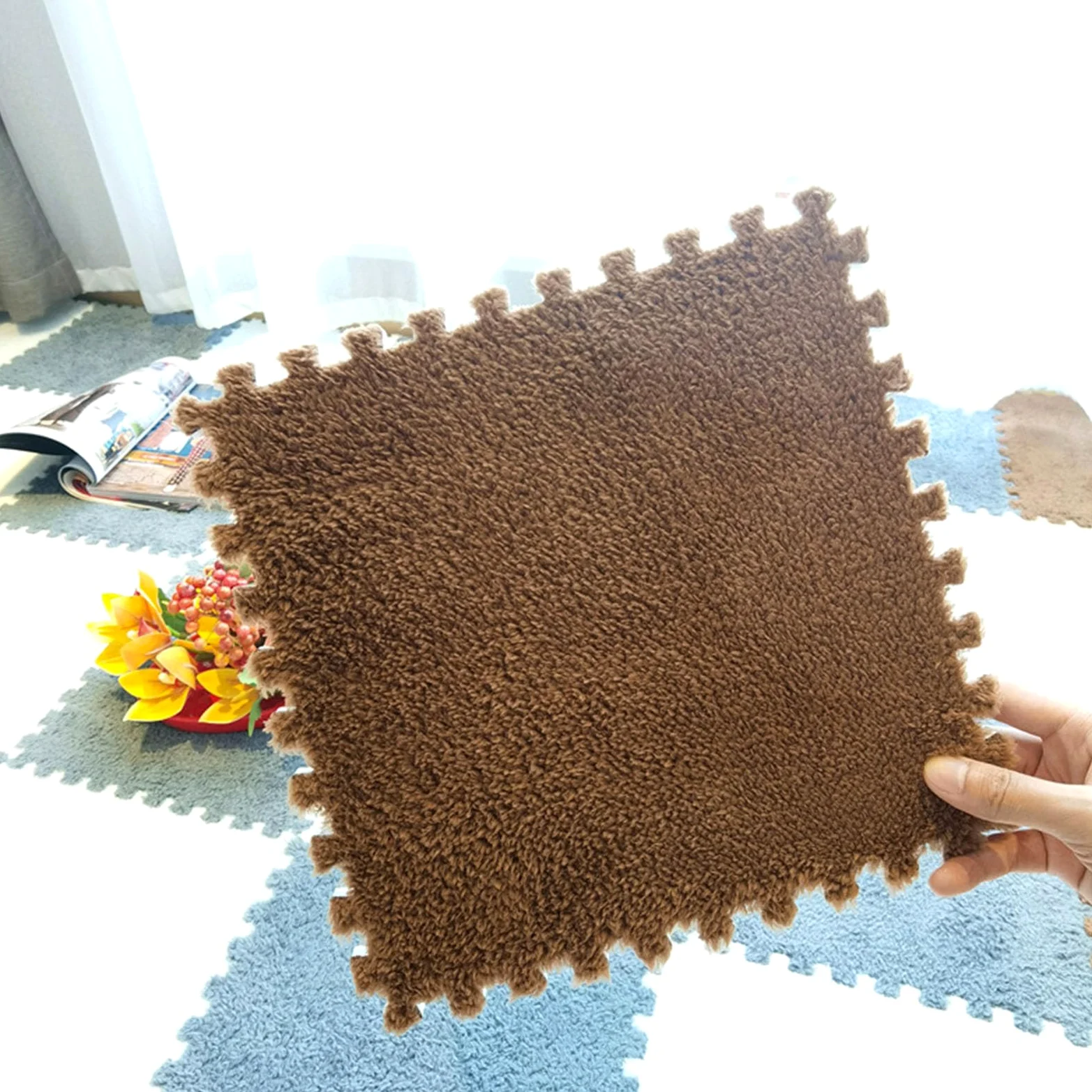 Tappetini in Schiuma di Peluche Quadrati a Incastro Splice, Piastrelle per tappeti a Incastro per Arredamento per la casa, 100 Pezzi, Tappeto in Schiuma tagliabile patchw,Curry-100pcs