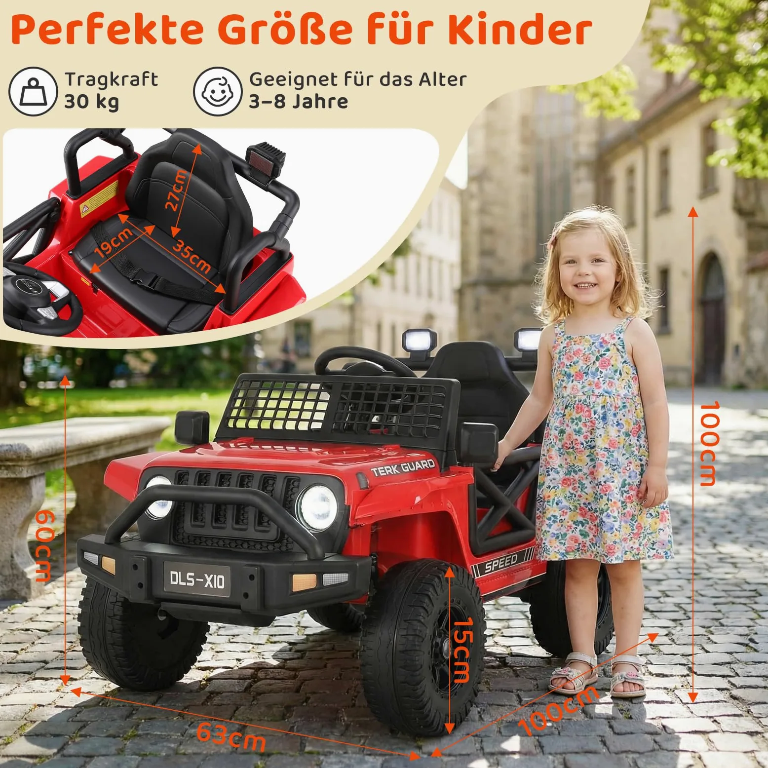 MAMIZO Auto Macchina Elettrica per Bambini 12V 7Ah, Jeep Elettrica Bambini | con 2 Motore 12V, Telecomando 2.4G, Velocità regolabile, LED, Musica, Ammortizzatori, Partenza lenta,max 30Kg, 3-8 anni,Rosso