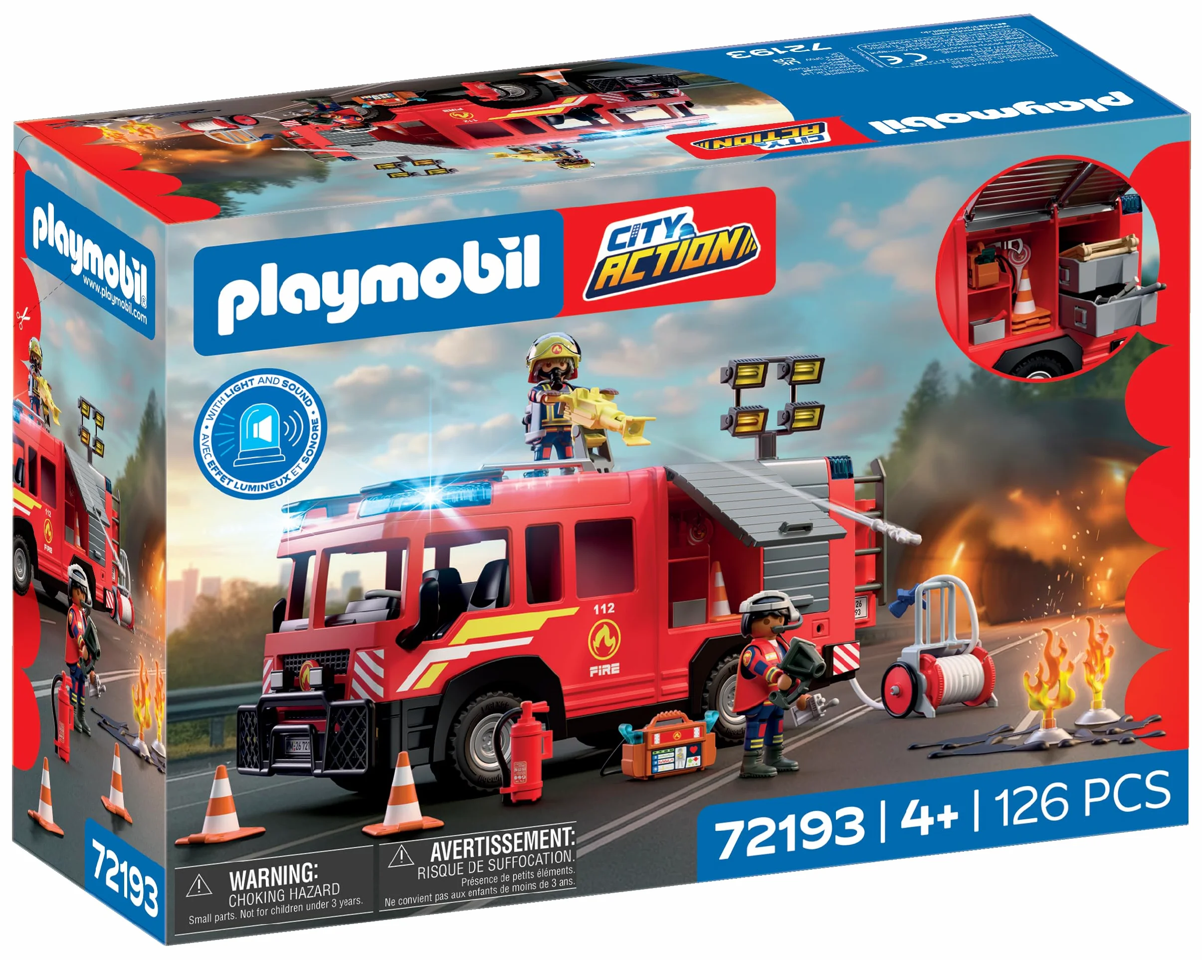 PLAYMOBIL | City Action | Automezzo di soccorso dei pompieri | Veicolo con luci e suoni, cannone ad acqua, proiettili in schiuma e ampia attrezzatura | Per bambini da 4 anni | 72193