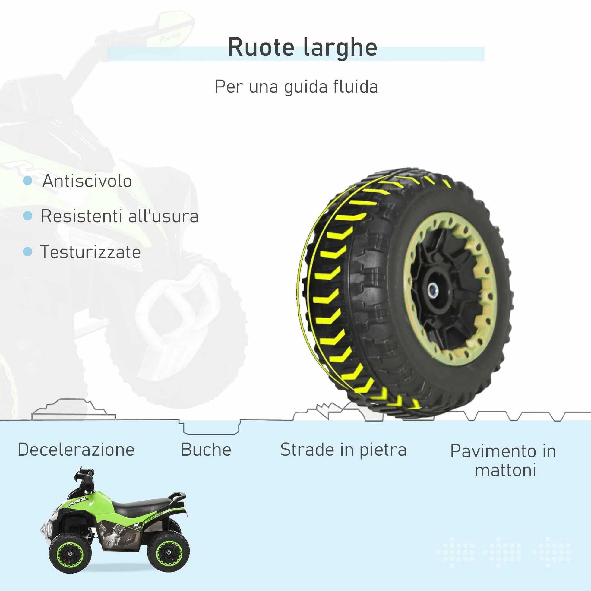 HOMCOM Mini Quad per Bambini 18-36 Mesi, PP e Metallo, Spinta Manuale, Musiche, Fari, 67.5x38x44cm, Verde