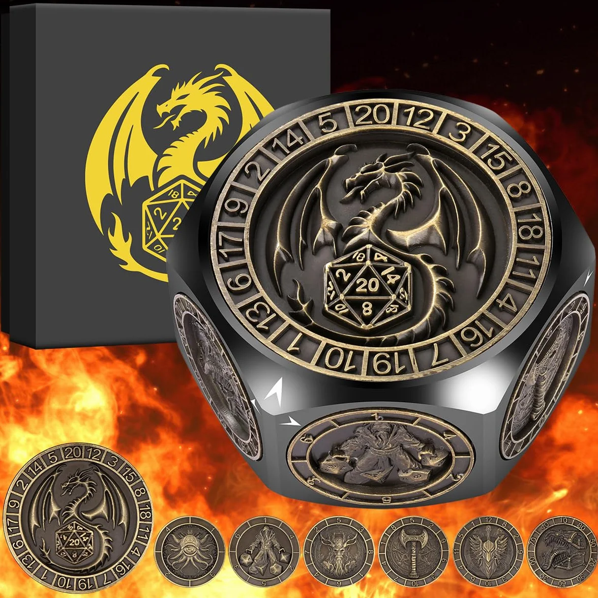 Set di Dadi Rotanti DND, 8 Facce Spinner Dadi in Metallo, Design a Rilievo 3D, Dadi Poliedrici Girevoli, Regalo D&D con Scatola Logo Drago, MTG, Giochi da Tavolo, Accessori per Giochi di Ruolo, Nero