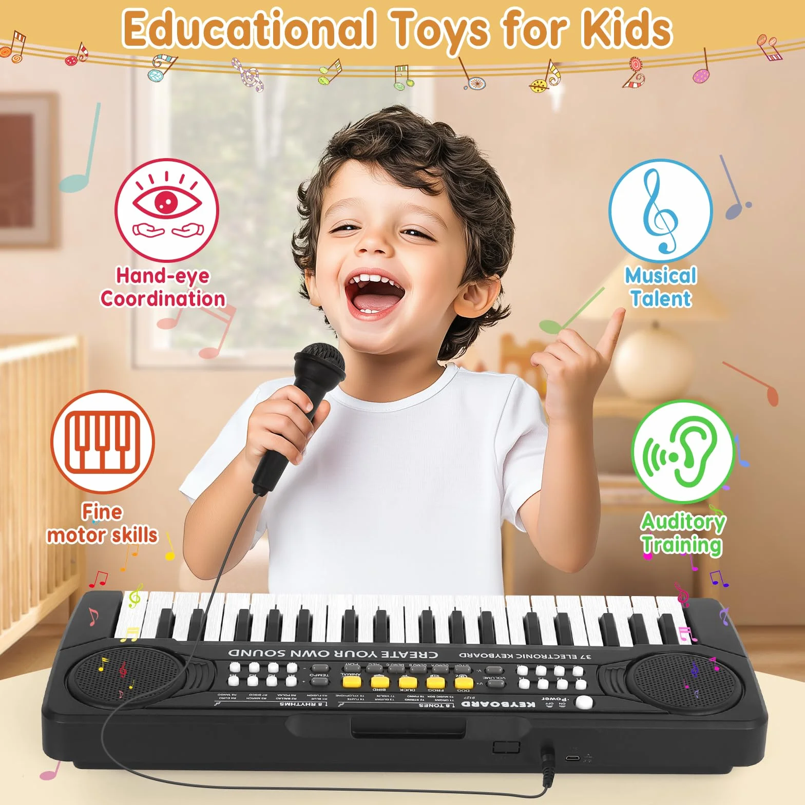 Pianola Musicale per Bambini - Tastiera Elettronica Portatile 37 Tasti Multifunzione - Mini Tastiera Giocattolo Educativo - Regalo per 3-8 Anni