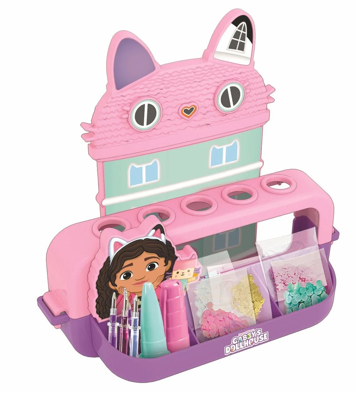 Clementoni Laboratorio delle Penne Gabby's Dollhouse, Kit Creativo per Bambini 6+ Anni, 25+ Accessori, 5 Penne Personalizzabili