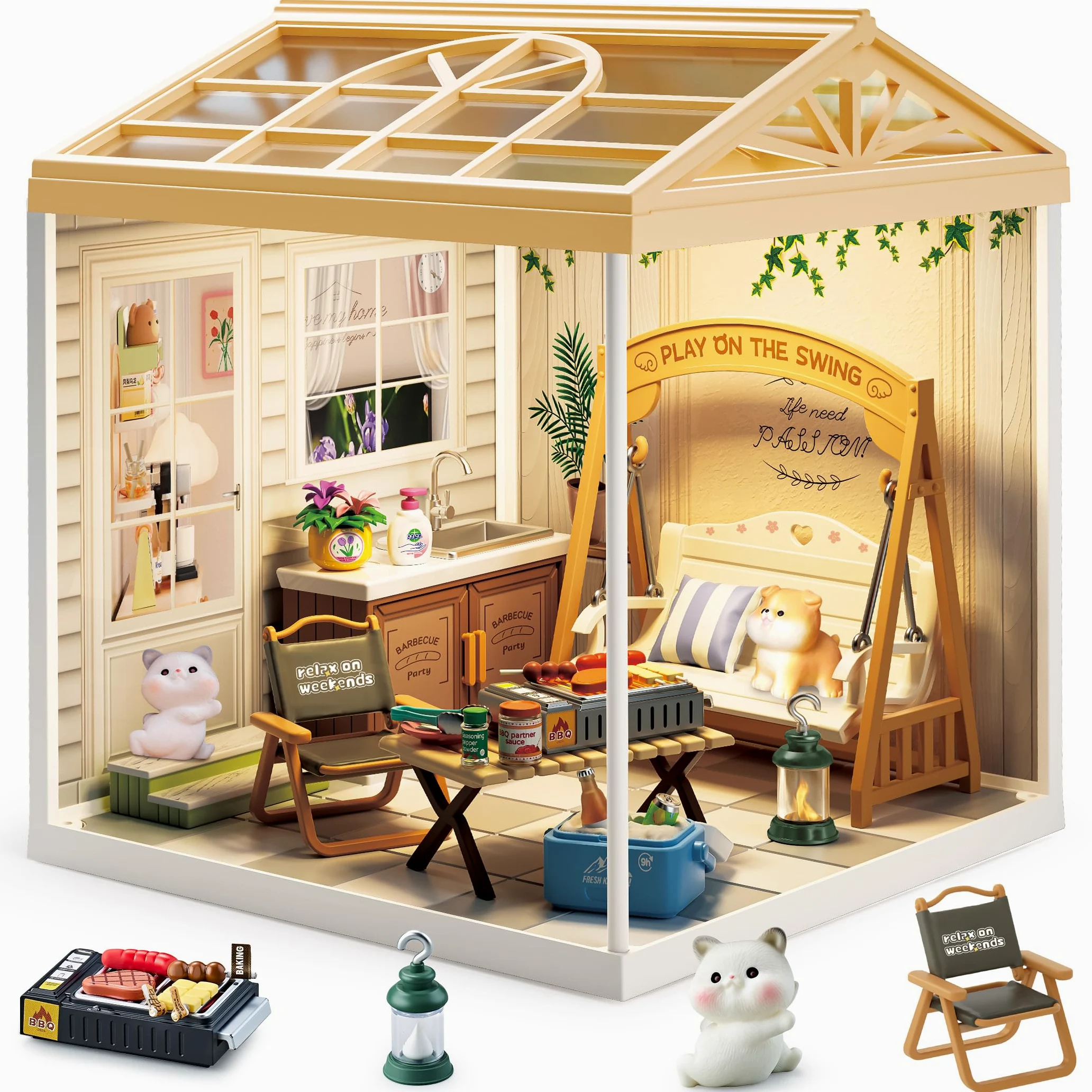 Kit fai da te in miniatura per cortile estivo, con tetto e luce LED, kit per casa delle bambole impilabile e collegabile, con porte antipolvere, giocattolo creativo fai da te, regalo per