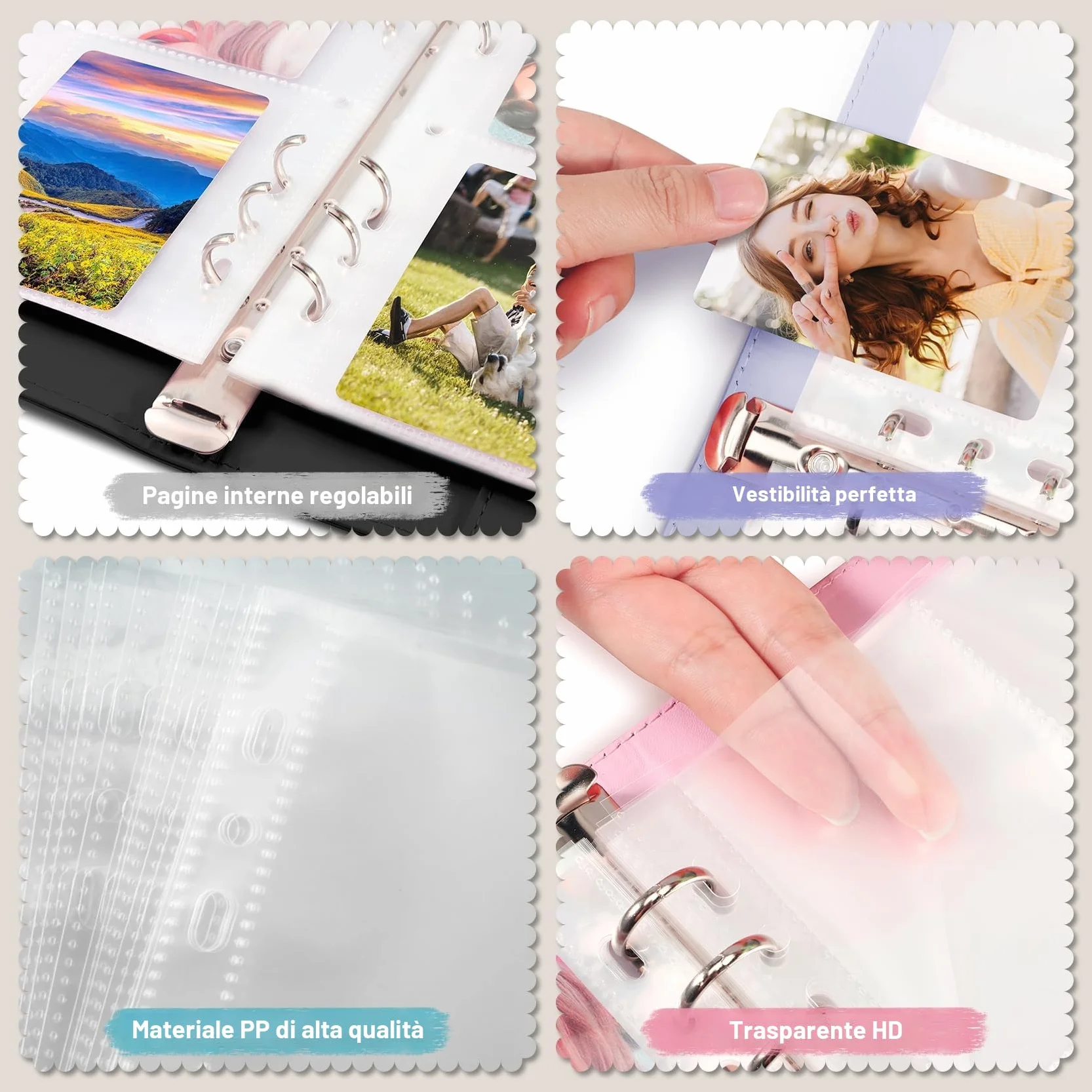 Raccoglitore di Carte A5 con 30 Pacchetti di Pagine di Carte a 4 Taschee, Album Raccoglitore a 6 Anelli con 240 Slot per Carte (Bianco)