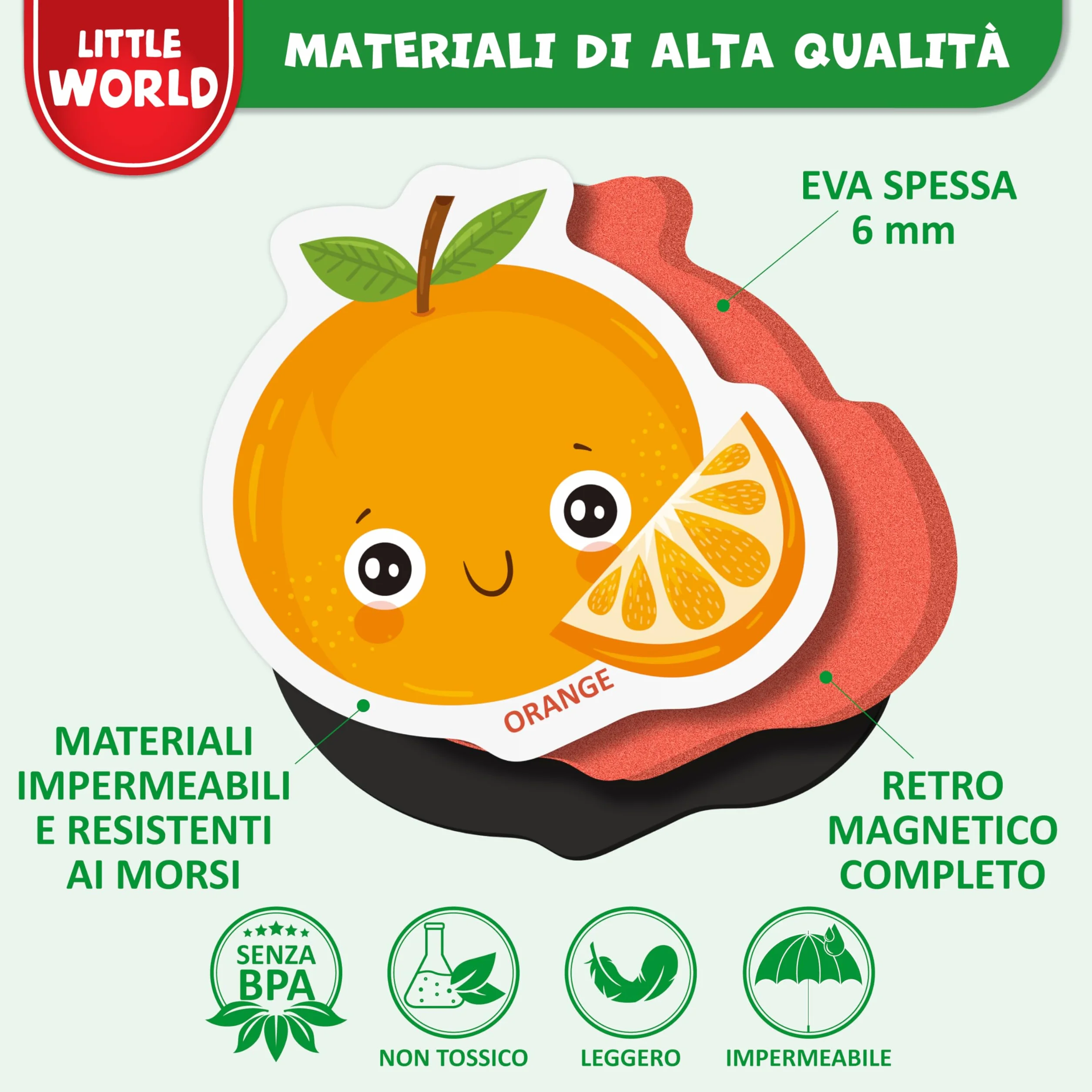 Magneti da frigo per bambini Little World 25 sztuk, frutta e verdura, atossici, impermeabili, in schiuma