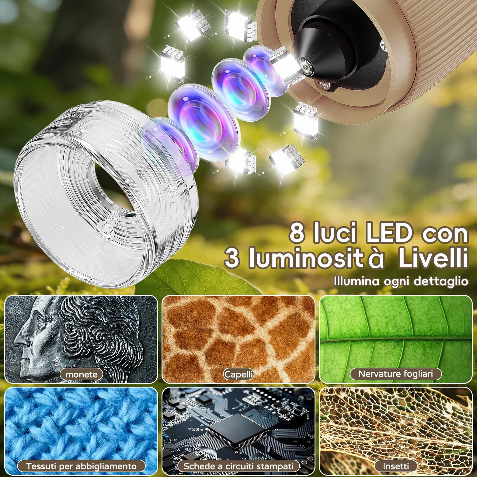 Microscopio Bambini Portable Zoom 1000X - Microscopio Digitale Mini Ricaricabile, Microscopi con Definizione 8 Luci LED Regolabili, Bambini Giocattolo Educativo, Regalo di Natale(Marrone)