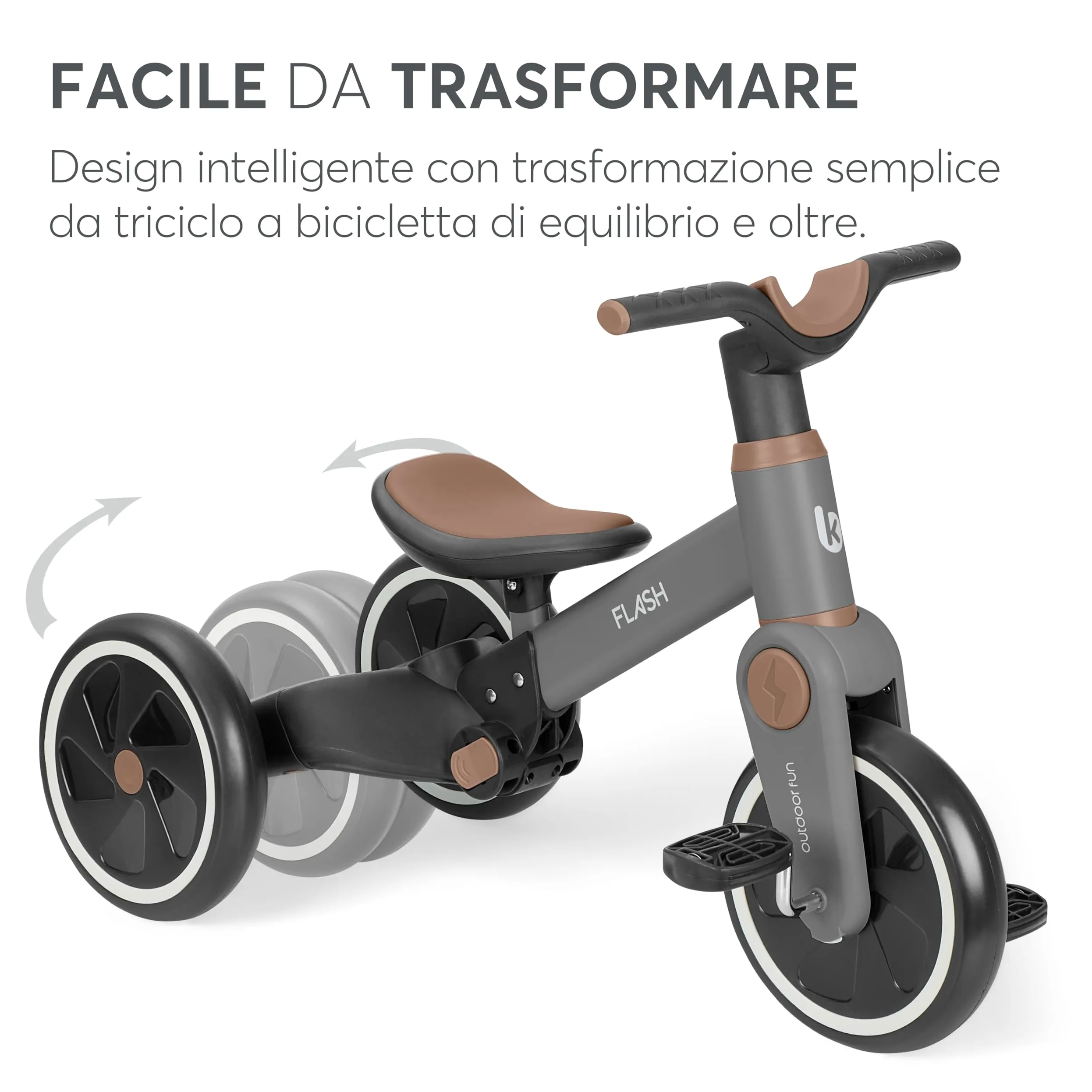 KikkaBoo Triciclo Evolutivo 5 in 1 FLASH, da 18 Mesi a 4 Anni, con Maniglione Regolabile per Genitori, Trasformabile in Bicicletta Senza Pedali, Leggero, Ruote EVA, Telaio in Acciaio, Grigio