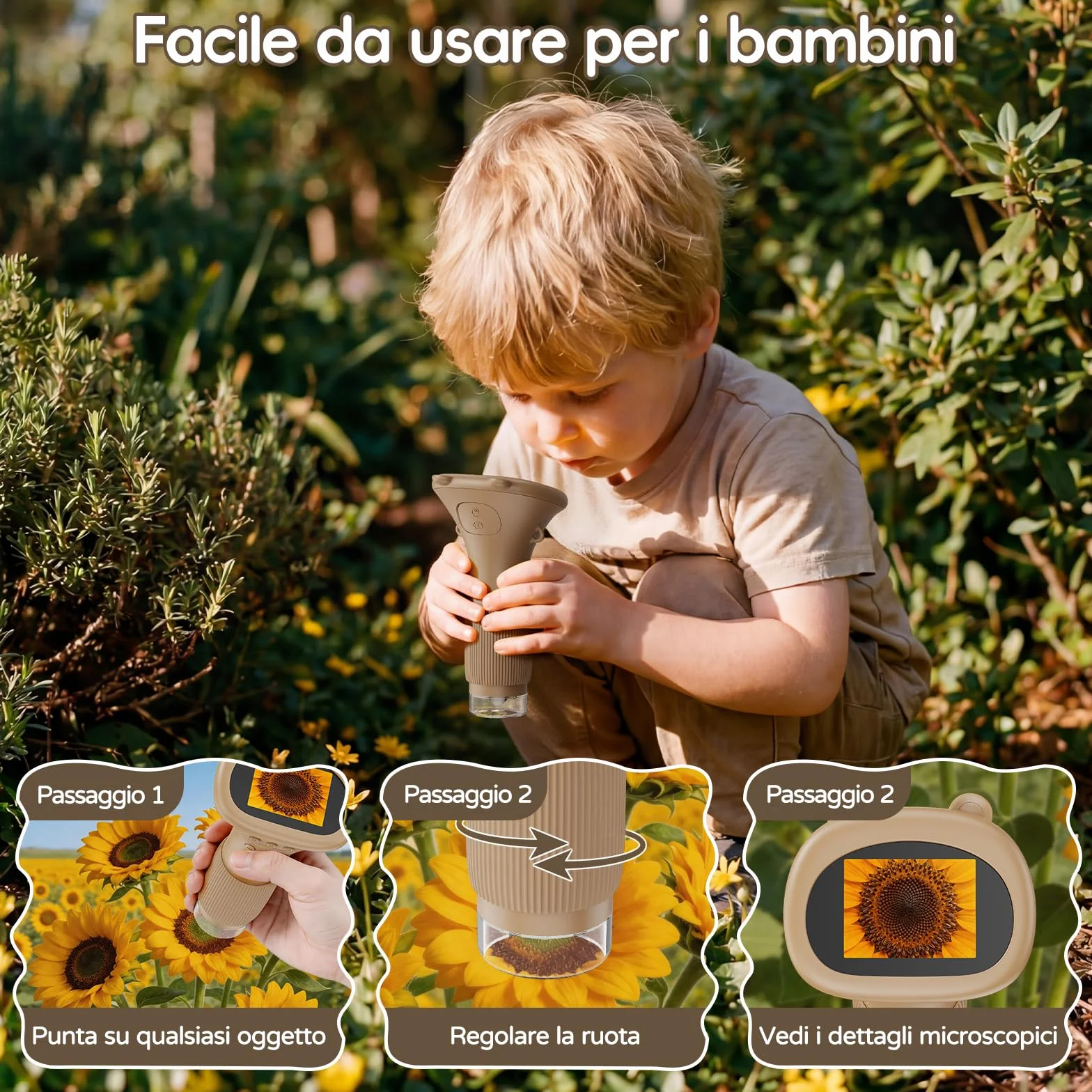 Microscopio Bambini Portable Zoom 1000X - Microscopio Digitale Mini Ricaricabile, Microscopi con Definizione 8 Luci LED Regolabili, Bambini Giocattolo Educativo, Regalo di Natale(Marrone)