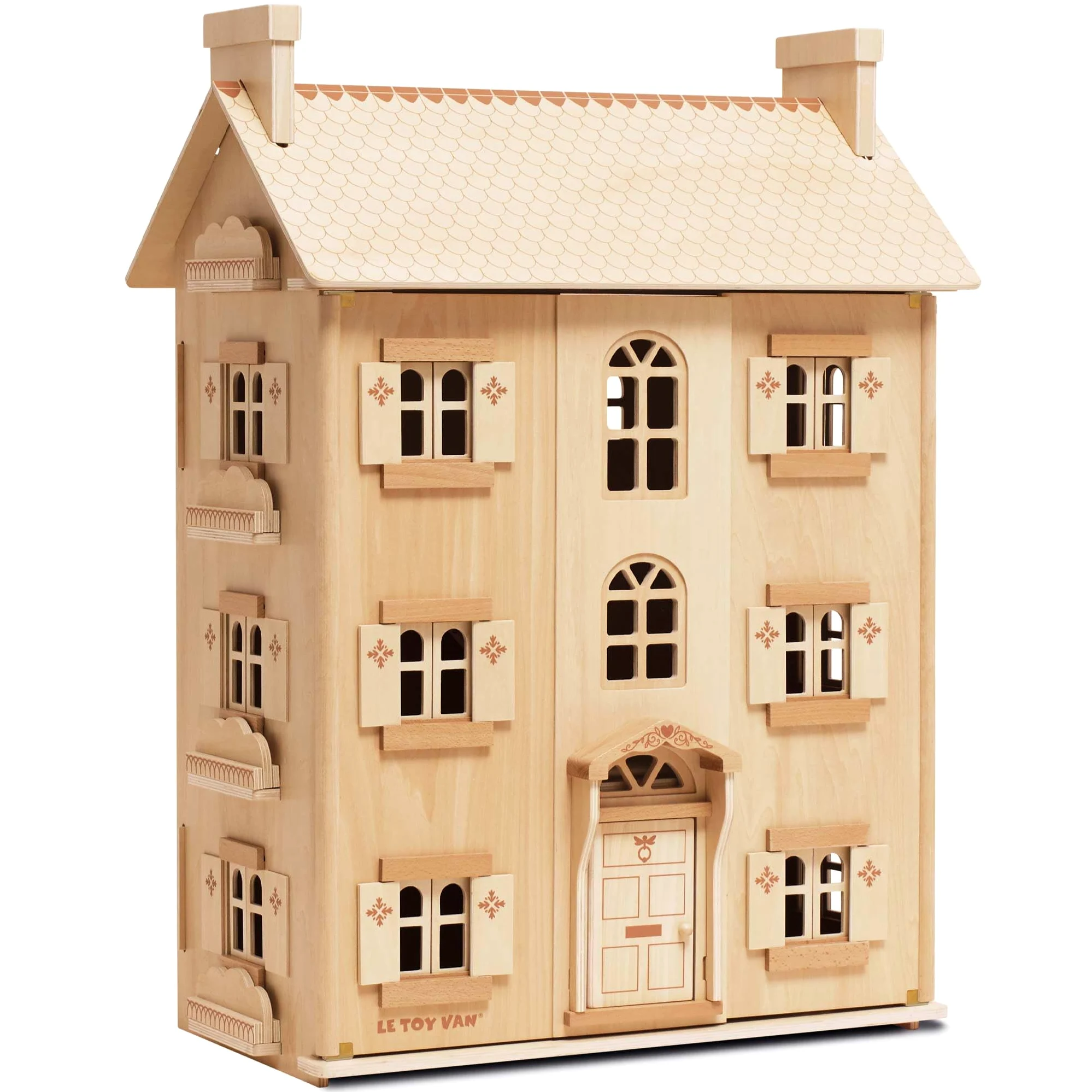 Casa delle Bambole in Legno Naturale FSC - 4 Piani con Finestre e Porte Apribili - Gioco di Ruolo e Fantasia per Bambini