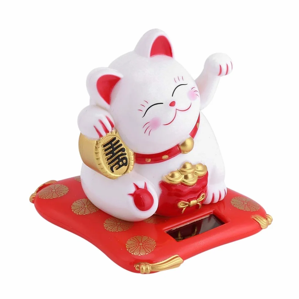 Nikou Maneki Neko Fortune Cat Solare Gatto Ricchezza Braccio Ondeggiante Bianca