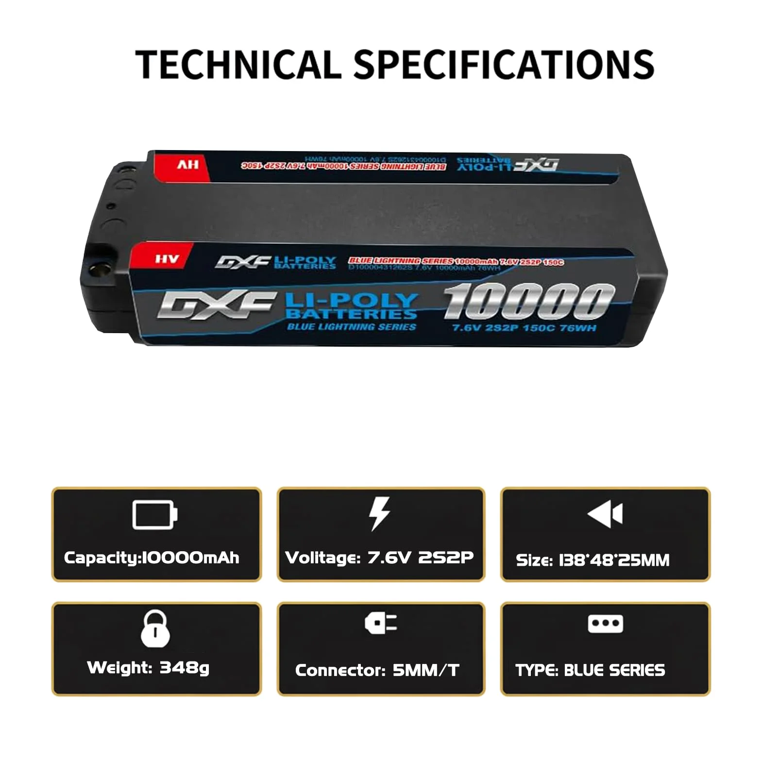 DXF Batteria LiPo 2S 7.6V 10000mAh 150C HV Bullet 5.0mm Spina T Auto RC 1/8 1/10 Truck Buggy Touring Drift Alta Capacità Lunga Durata Gare Racing Competizione Modellismo 2 Pezzi