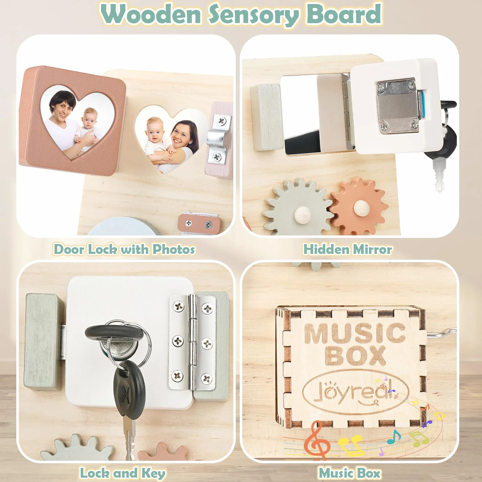 Joyreal Pannello Sensoriale Montessori Legno Busy Board con Carillon Specchio Neonati Giochi Educativi