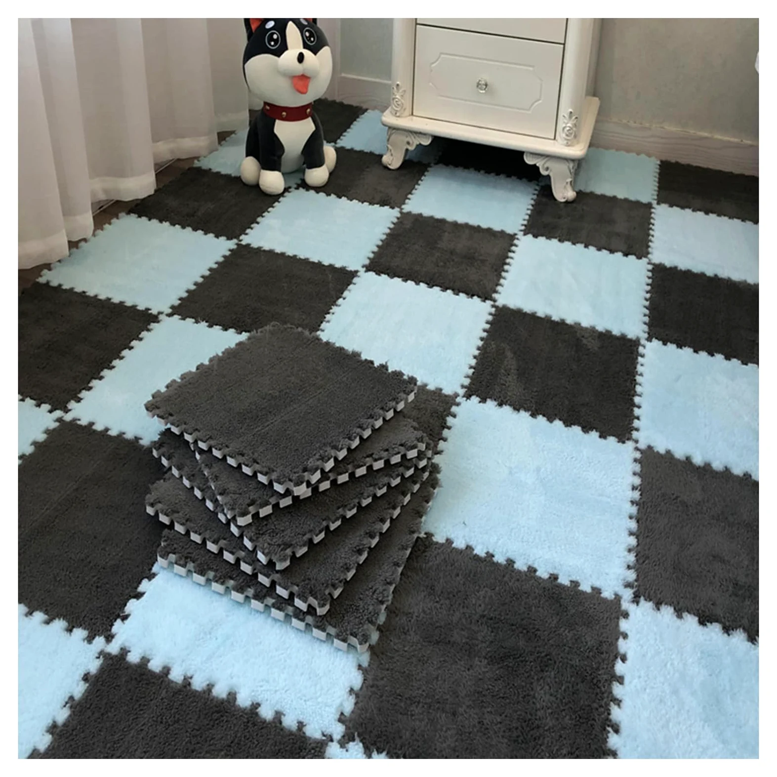 Tappeto in Schiuma di Peluche Splice Interlocking Carpet, 16 Pezzi Tappetino Interlocking, Tappetino in Schiuma Interlocking, Tappetino in Schiuma a Puzzle Quadrato,Dark Gray+Light Blue