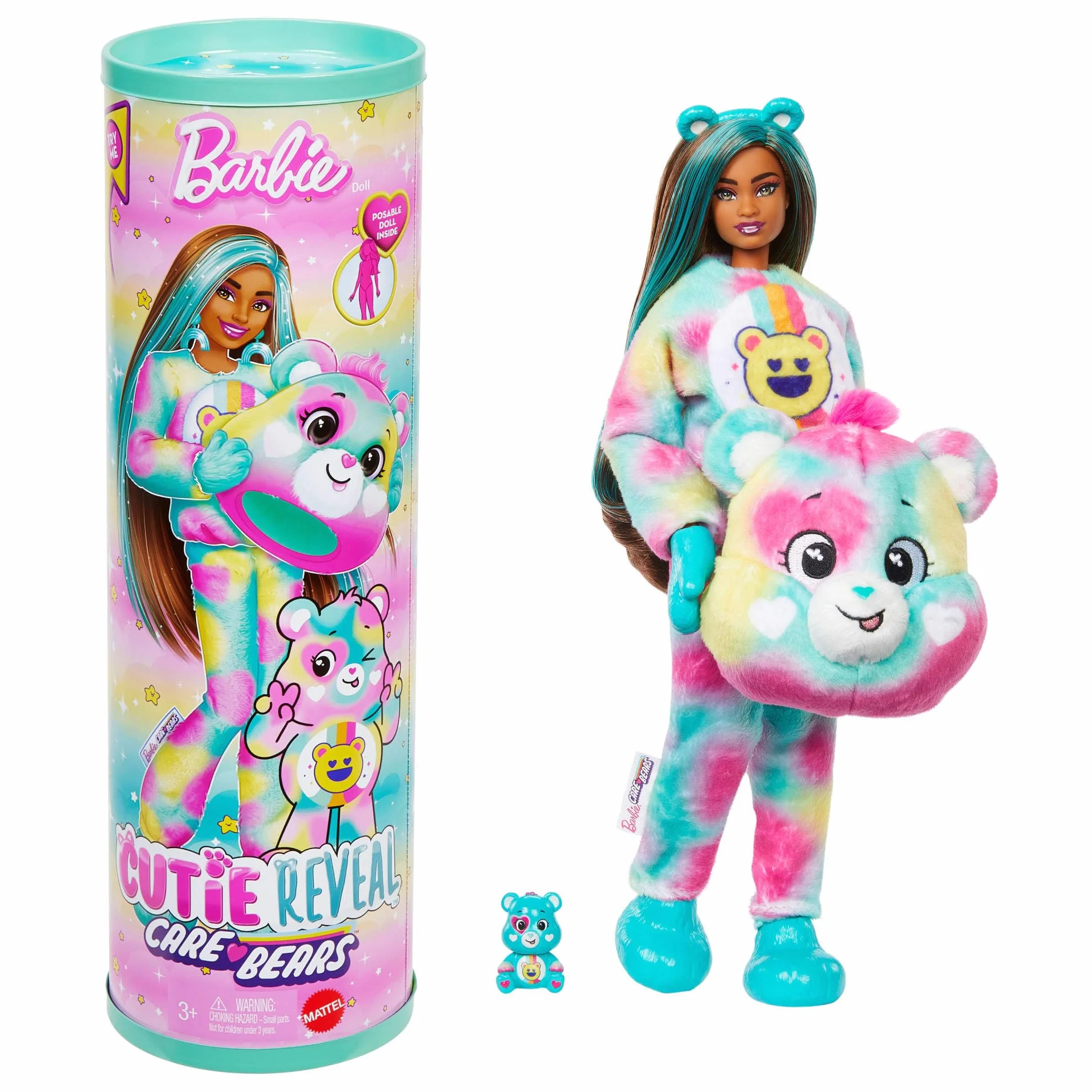 Barbie - Good Vibes Bear, bambola Cutie Reveal Care Bears Serie 2 con costume in peluche e mini orso, 10 sorprese e accessori con effetto cambia colore, giocattolo per bambini, 3+ anni, JFV62