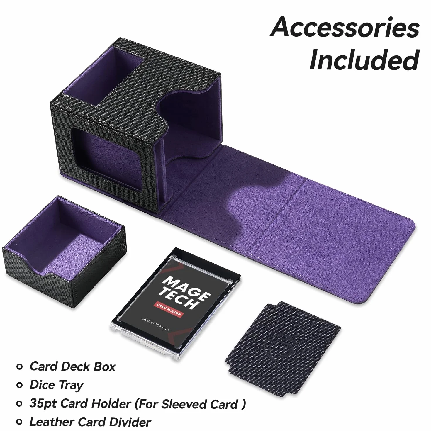 Mage Tech Commander Deck Box per MTG - Design Brevettato, Vetrina Commander, Adatta a 100 Carte Double-Sleeve, Porta Carte Magnetico da 35pt & Vassoio per Dadi - Nero/Viola