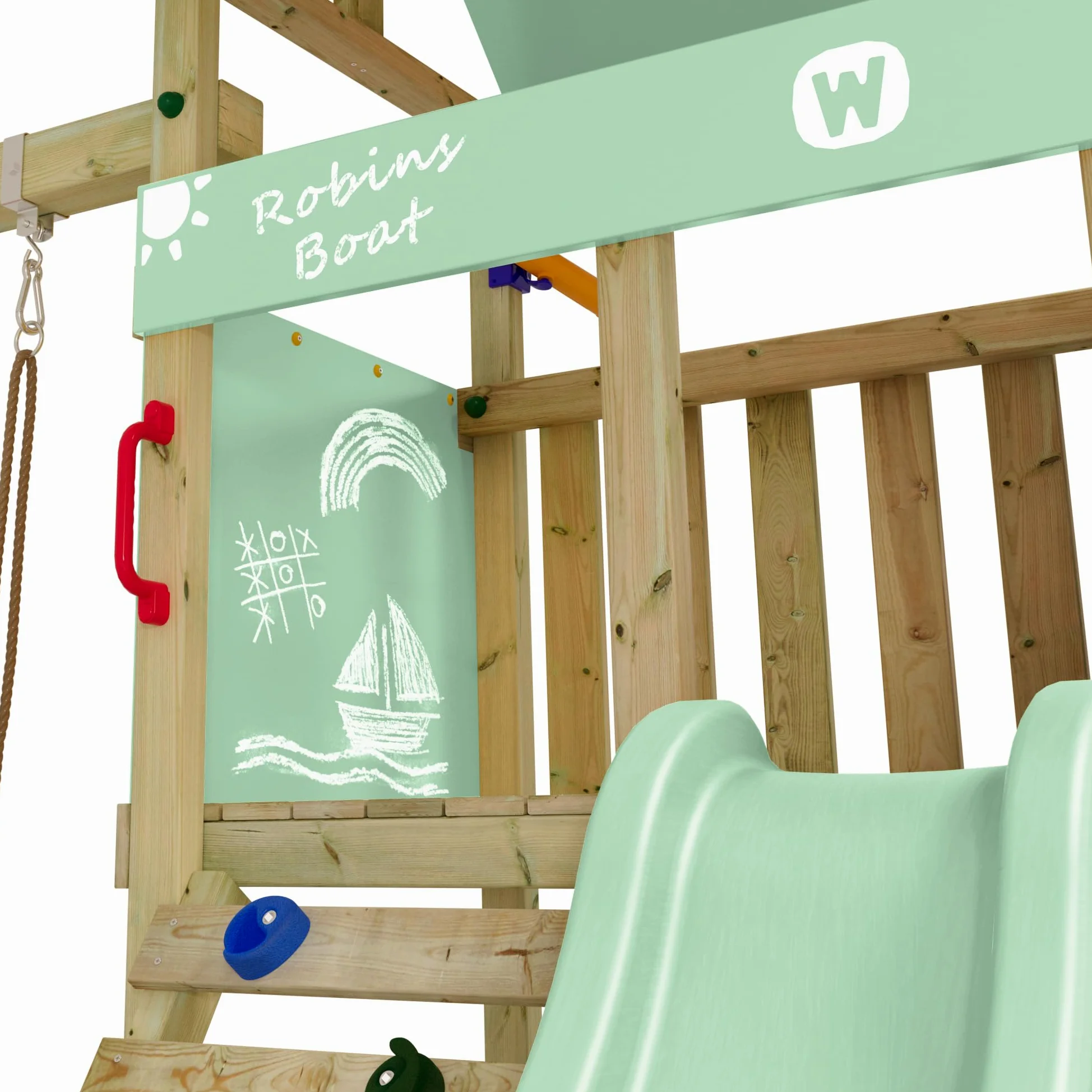 Wickey Parco giochi DinkyHouse con estensione dell'altalena - con scivolo & telone verde pastello - Torre di arrampicata per bambini per il giardino in legno massiccio - 303x317x247 cm