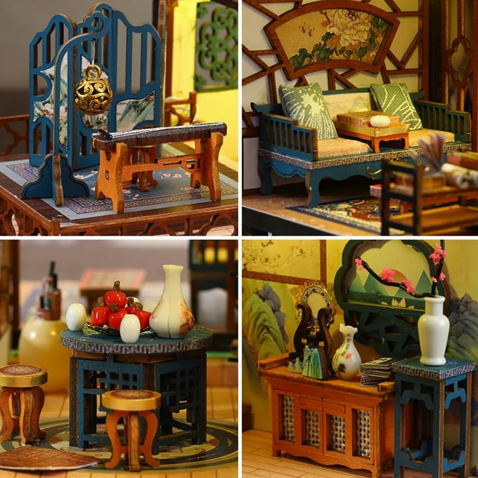 Kit per casa delle bambole montato in legno 3D fai da te in miniatura stile cinese palcoscenico edificio con musica creatività Halloween regalo di compleanno (senza copertura antipolvere)