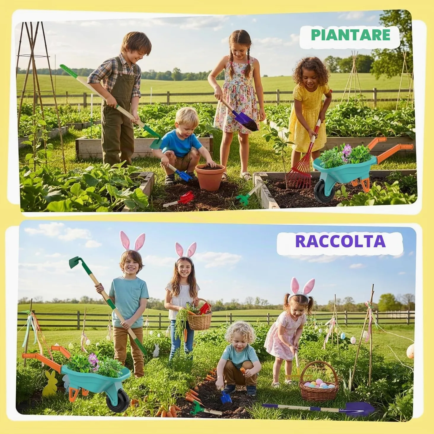 LATERN Set di Attrezzi da Giardinaggio per Bambini, 70CM Carriola con 70CM Metallo Pala Rastrello Zappa Foglie Rastrello 20CM Pala Rastrello Guanti per Esterni Giardino Cortile Prato Scavare Giocare