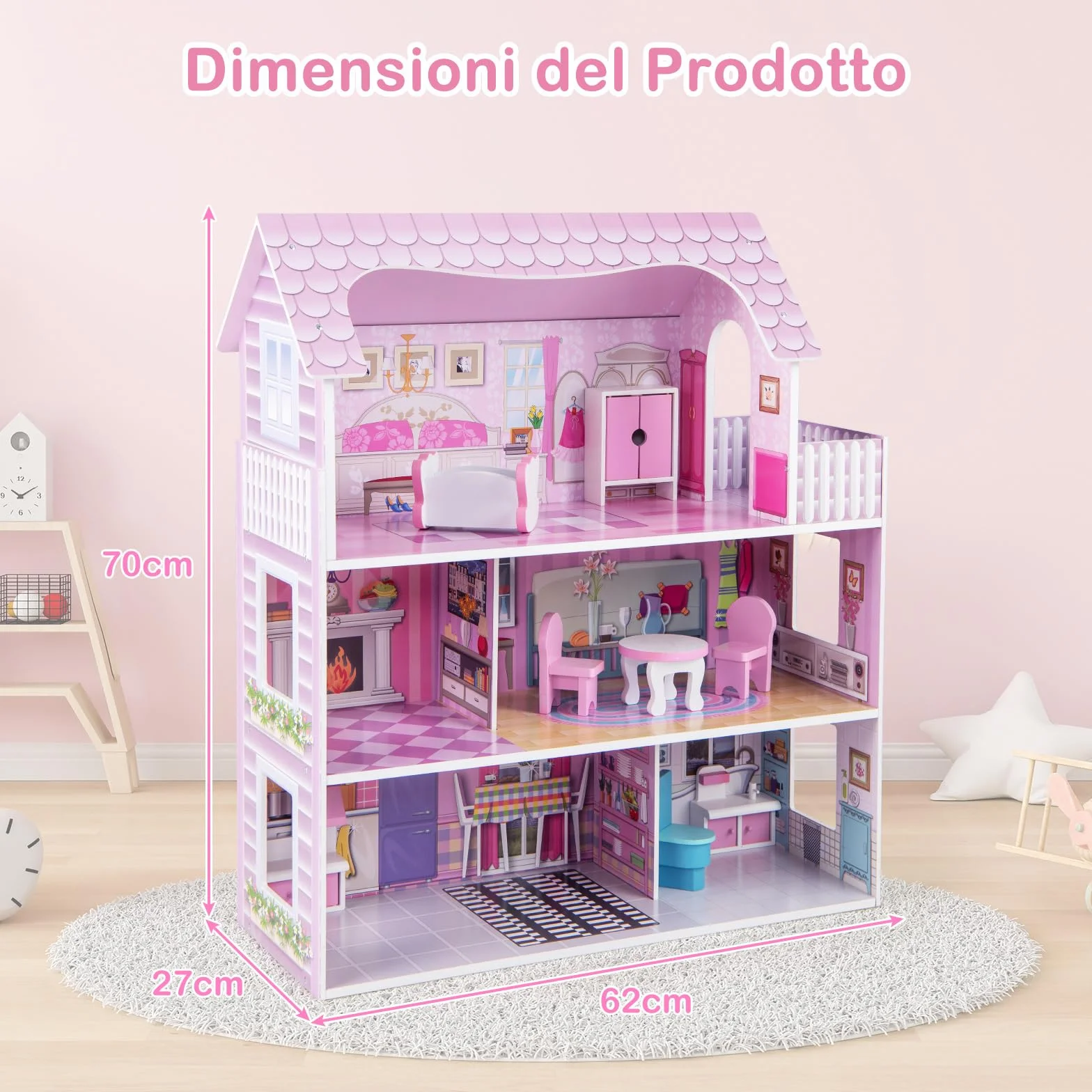 RELAX4LIFE Casa delle Bambole in Legno, 3 Piani, 5 Stanze, Mobili Rimovibili, Design Multicolore, Giocattolo Educativo per Bambini(Tre Piani delle Scoperte)