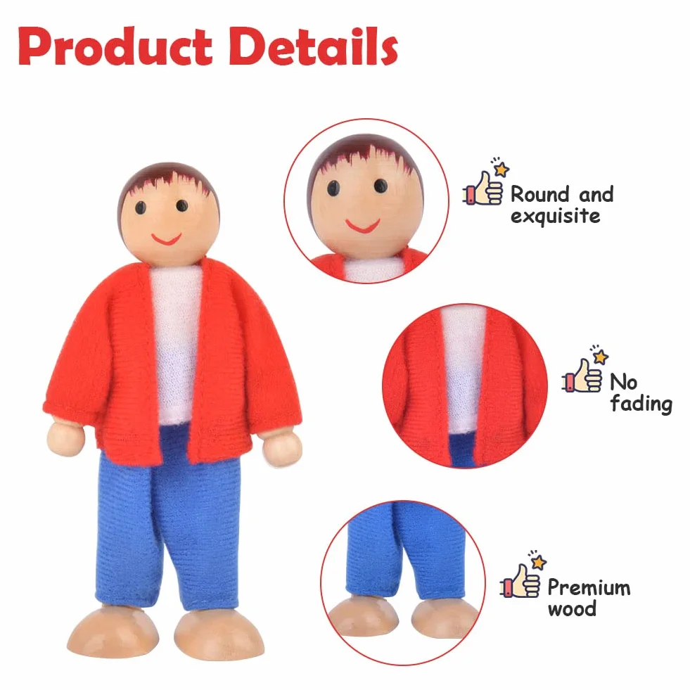 Aolso Casa delle Bambole Famiglia, 8 Pezzi in Legno con 4 Cuccioli, Dollhouse Persone Figure per Finta Casa Accessori Regalo
