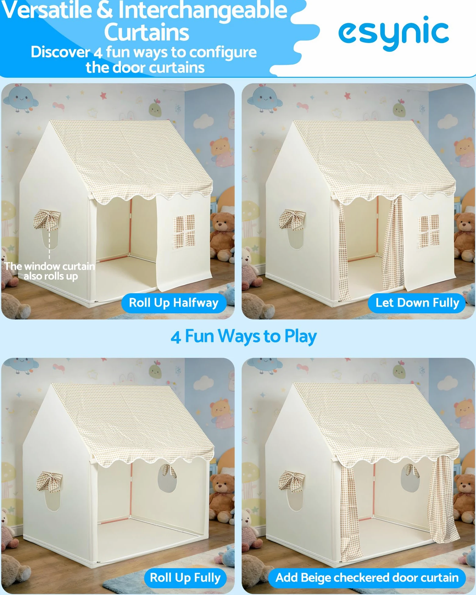 eSynic Tenda da Gioco per Bambini con Luci LED Decorative, Casetta Stanza di Attività Giochi con 2 Finestre per 2-3 Piccoli, Angolo da Lettura Studio, Facile da Montare - Beige a Quadri