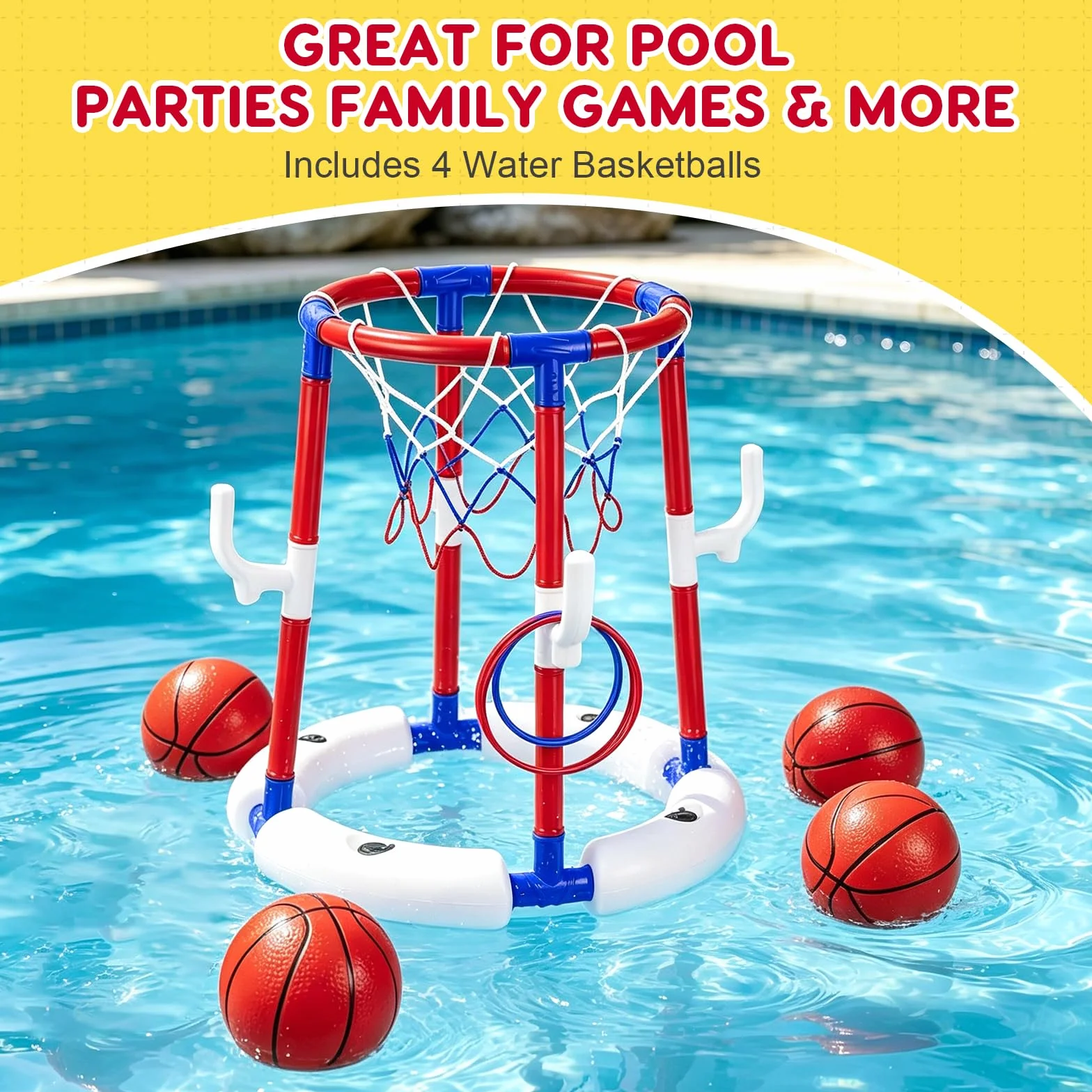 Giocattoli da basket per piscina, cestino da basket galleggiante per piscina con 4 palline, 6 anelli e pompa, ideale per bambini e adulti per divertirsi in acqua