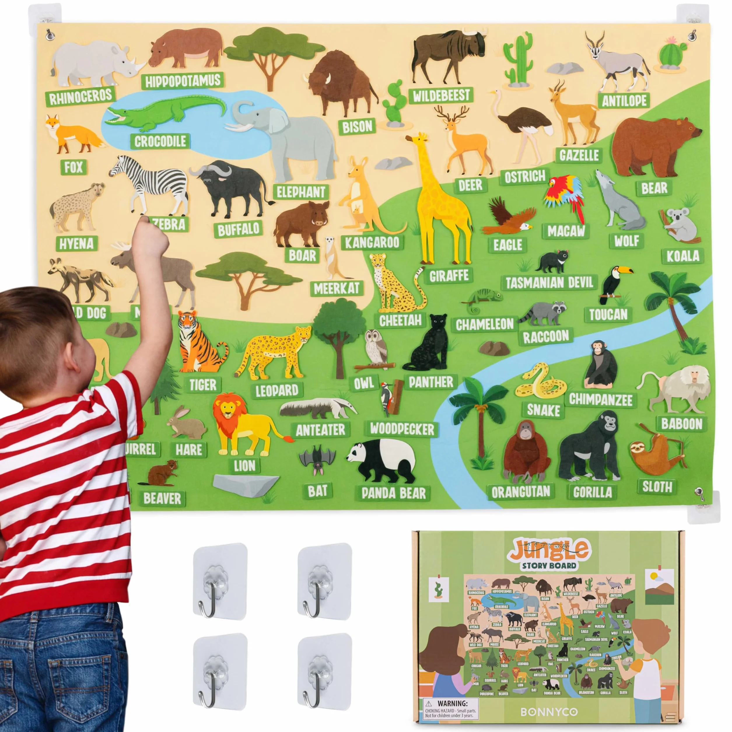 BONNYCO Lavagna di Feltro con 116 Figure di Animali della Giungla. Giochi Montessori e Regalo Compleanno Bambini dai 3-8 Anni. Pannello Sensoriale per Autismo, Giocattoli Educativi