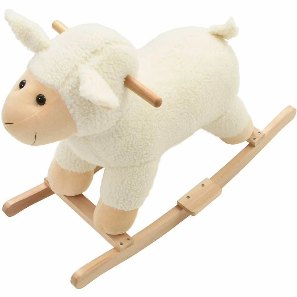Pecora a dondolo con base in legno e morbido rivestimento in peluche, cavallo a dondolo per bambini da 12 a 36 mesi, 78 x 34 x 58 cm