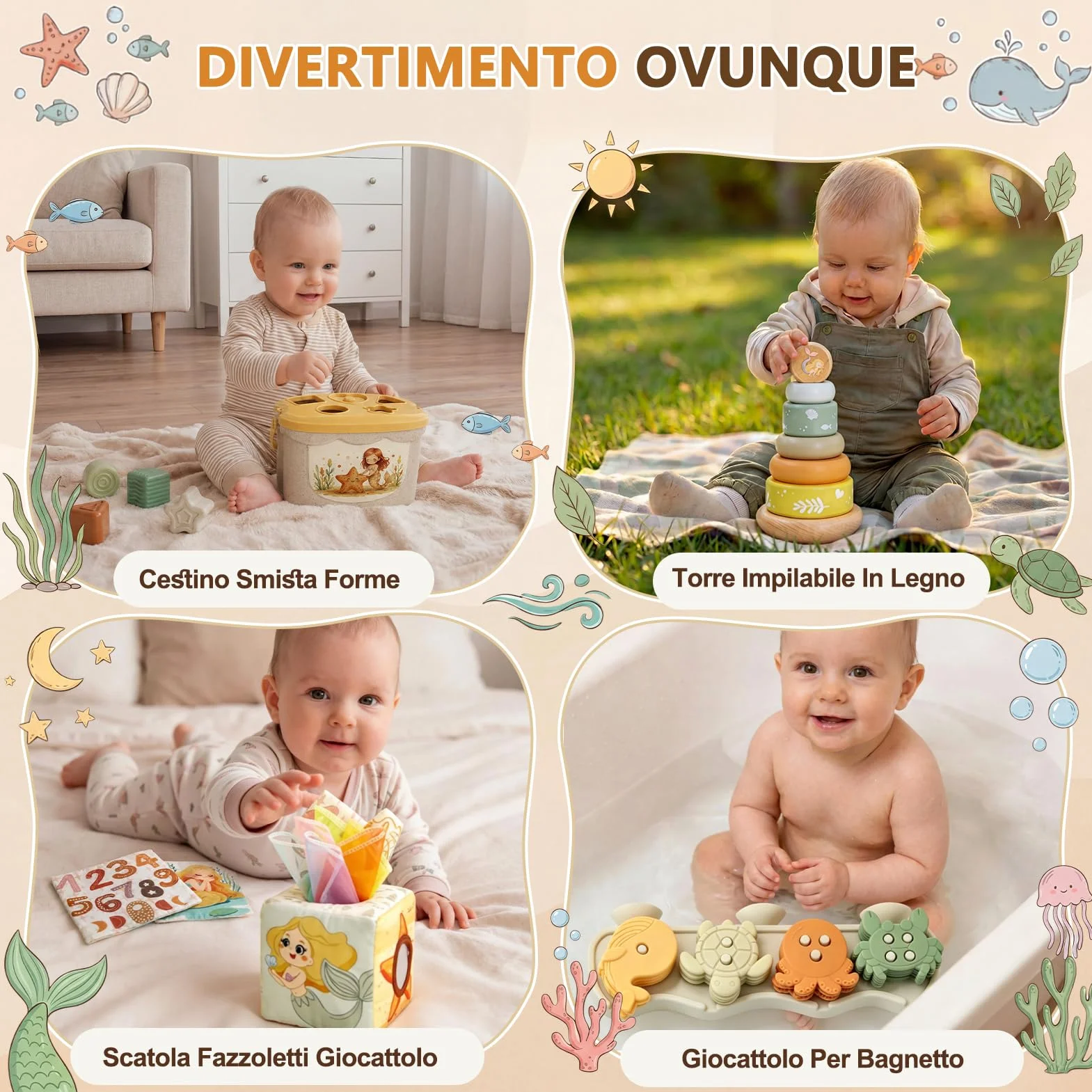 Anook Giochi Montessori 6 Mesi, 5 in 1 Giochi 6 8 10 Mesi Include Giochi Bambini Formine, Costruzioni Bambini 6 Mesi, Scatola di Fazzoletti, Giochi Sensoriali Neonato per Regalo Bimba Bimbo 6-24 Mesi