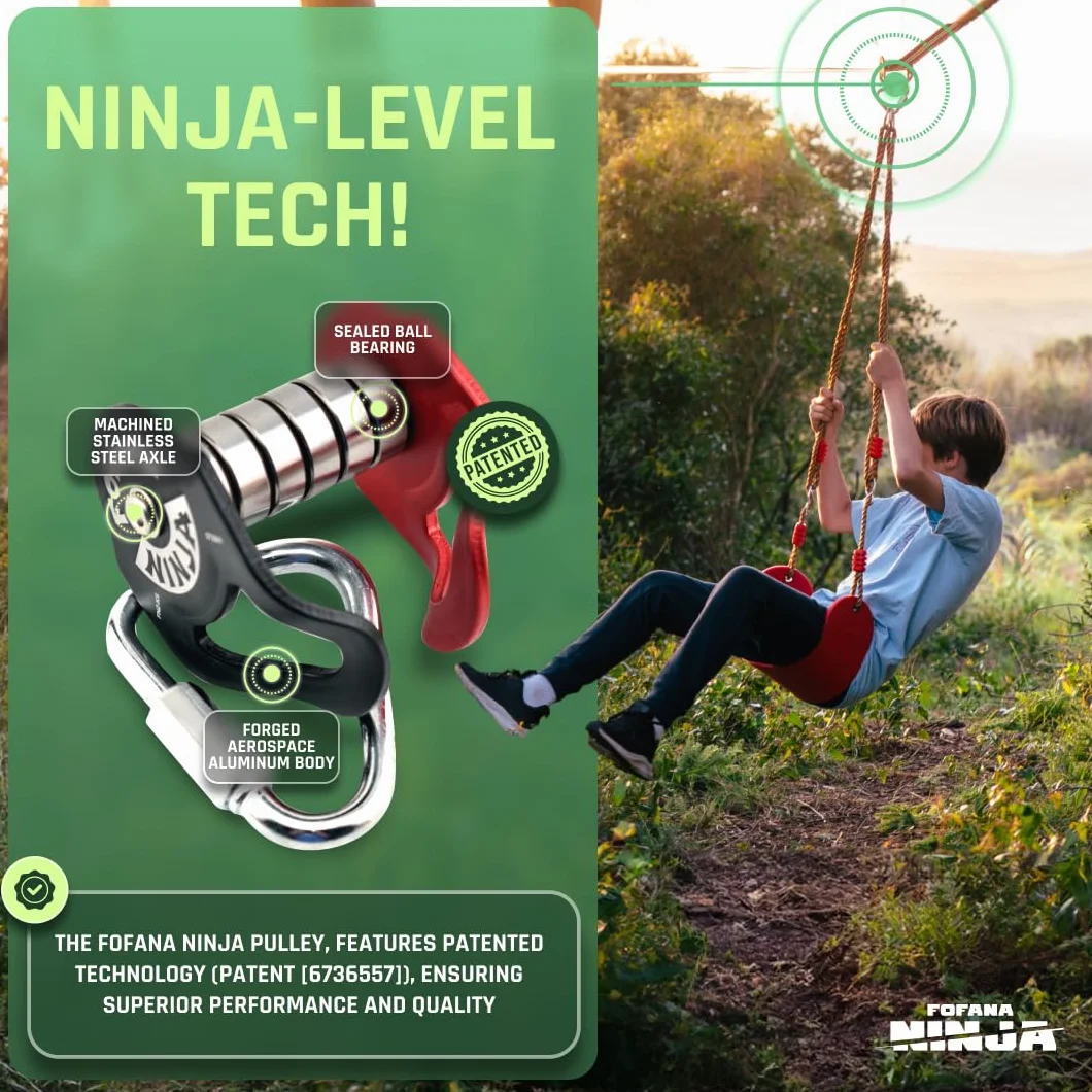 Fofana Puleggia zipline per bambini Ninja Slider Slackline - Cursore per puleggia rossa in acciaio inossidabile - trasforma la slackline in una cerniera e un percorso ad ostacoli - Impostazione rapida