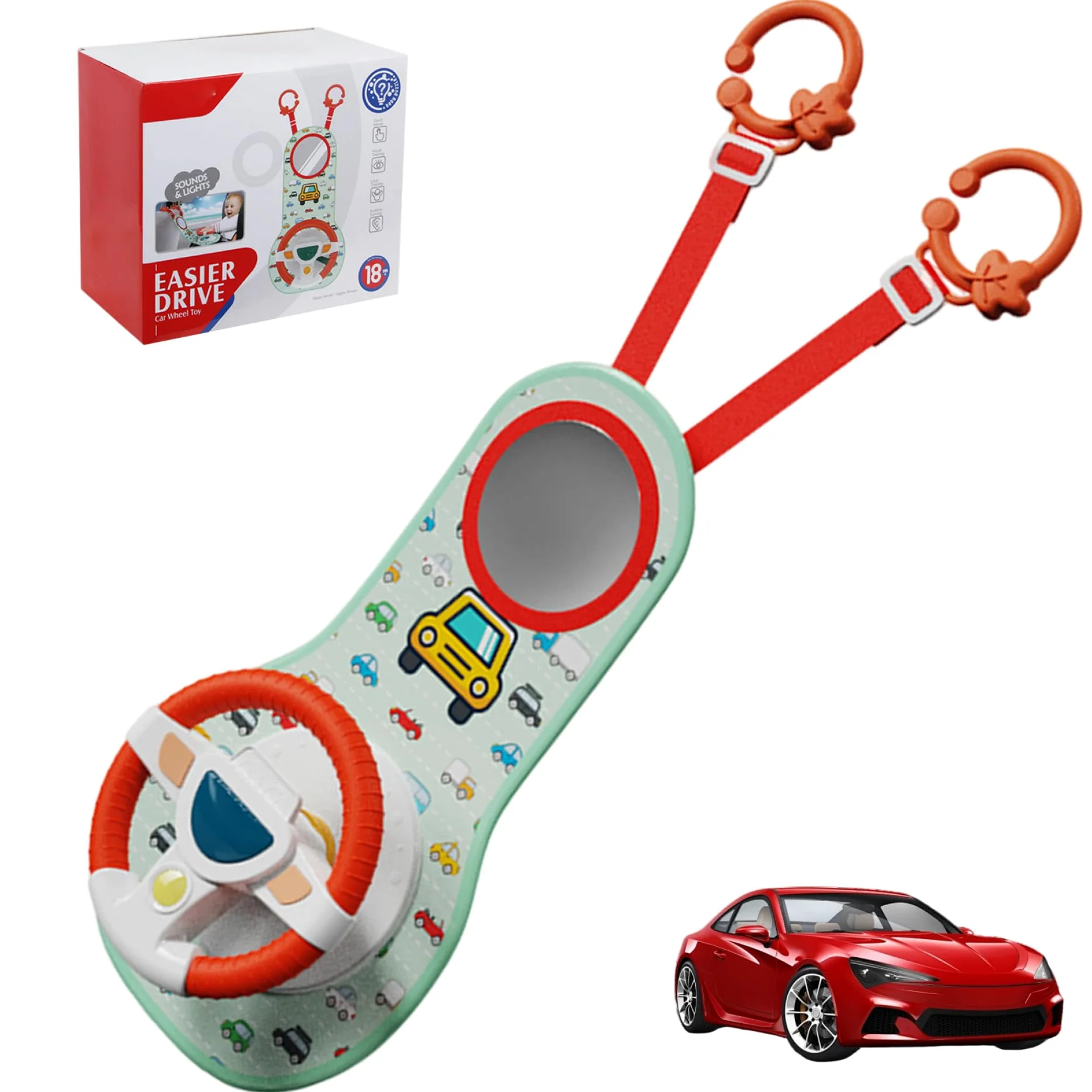 Volante per Bambini Giocattolo Volante per Bambini per seggiolino Auto Rotazione a 360° Auto con Specchio, Musica, luci e Suoni di Guida, Giocattoli per Passeggino