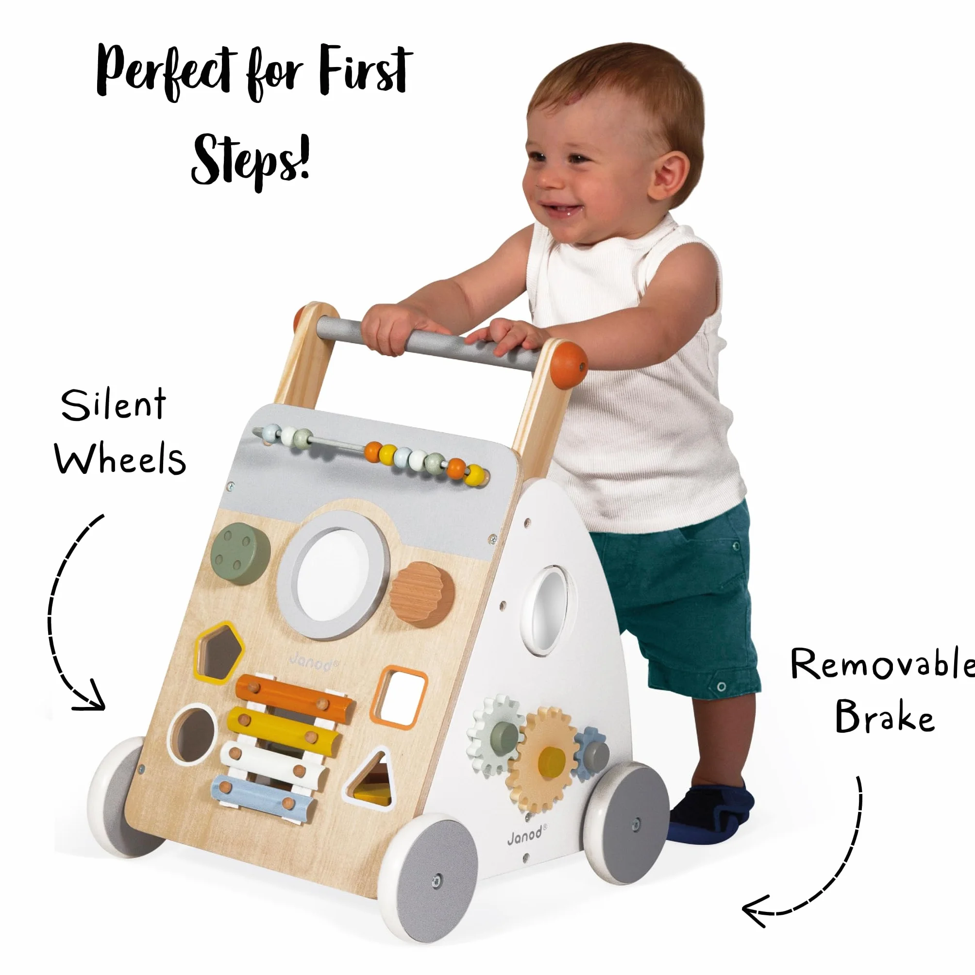 Janod - Carrello Multi Attività Sweet Cocoon - Carrello Primi Passi in Legno a Spinta - 9 Attività - Ruote Silenziose, Vernice Ad Acqua - Giocattolo per Bambini Evolutivo da 12 Mesi, J04410