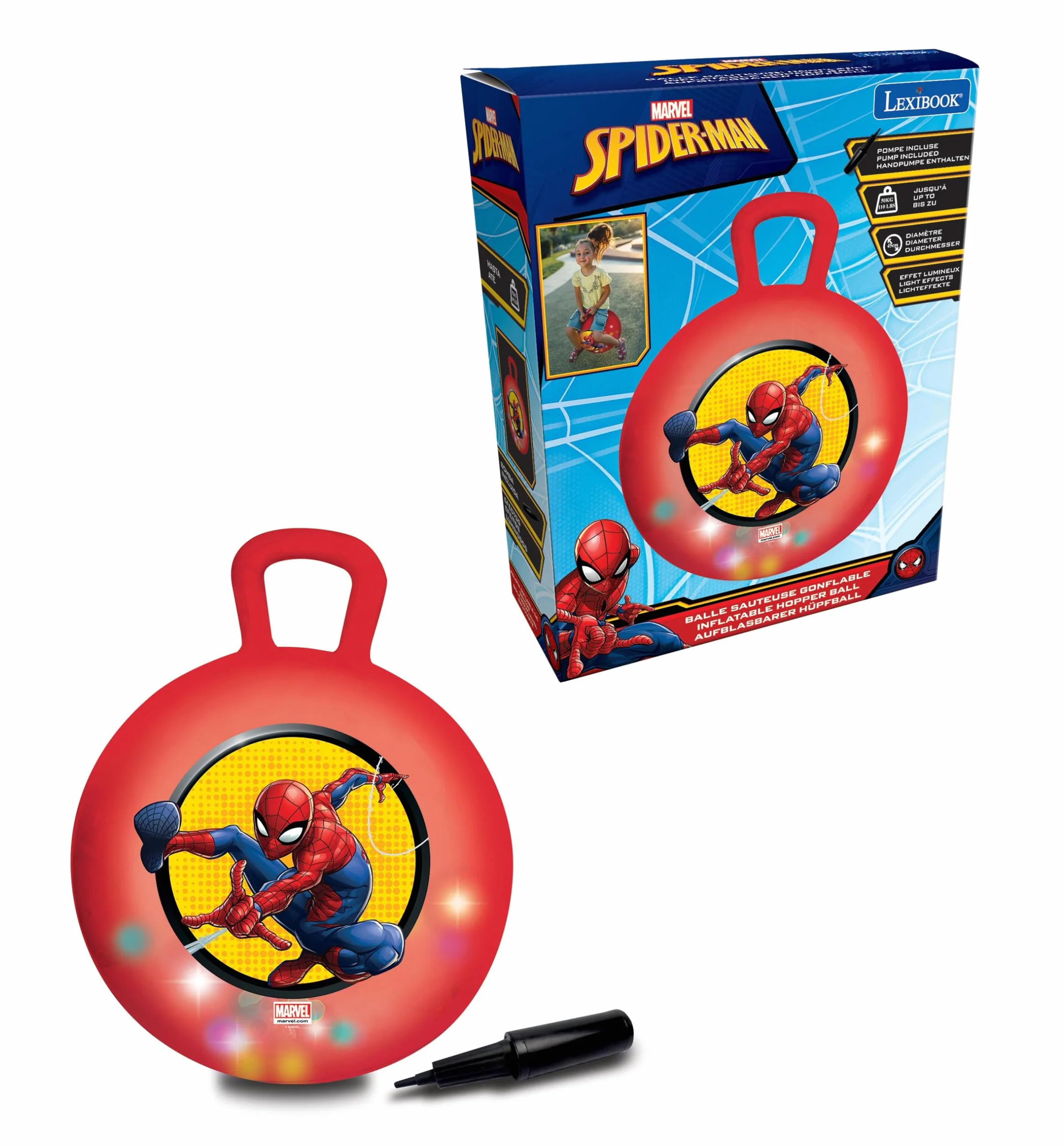 Lexibook, Spider-Man, Palla Saltellante Gonfiabile, Pompa Manuale Inclusa, Plastica Sicura e Resistente, Rosso, BG040SPLXB