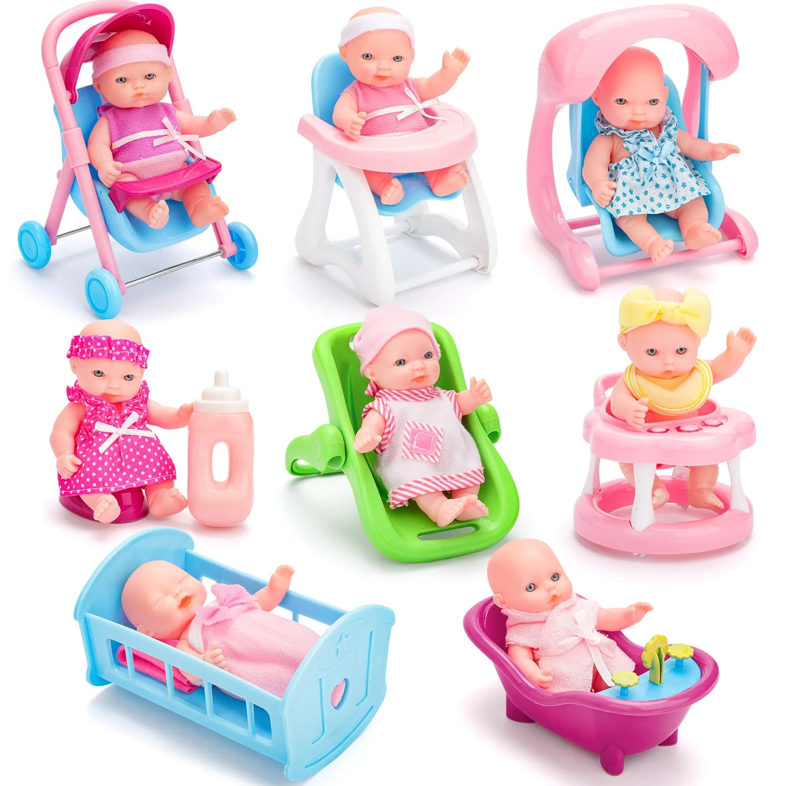 deAO Set 8 Mini Bambole 13 cm con Accessori – Gioco Creativo per Bambini 3+ | Include Deambulatore, Sedia Dondolo, Seggiolino Auto, Altalena, Vasino, Biberon, Età, Perfetto per Ruolo, Soli o in Gruppo