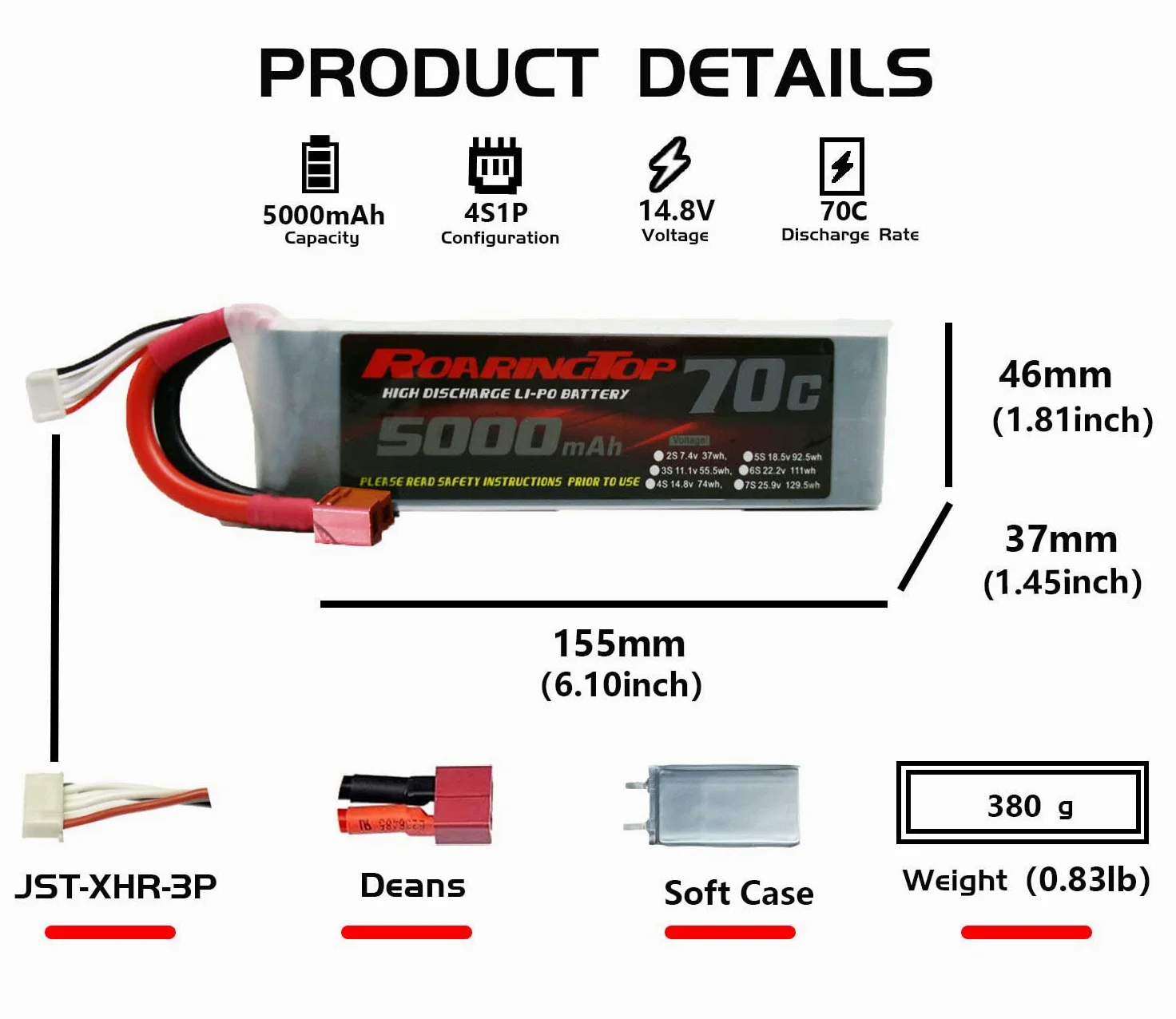 RoaringTop 14.8V 5000mAh 4S 70C RC Batteria Lipo RC Hardcase Lipo Batteria Pack con T Connessione da RC Auto RC Barca RC Eli Aereo Camion RC