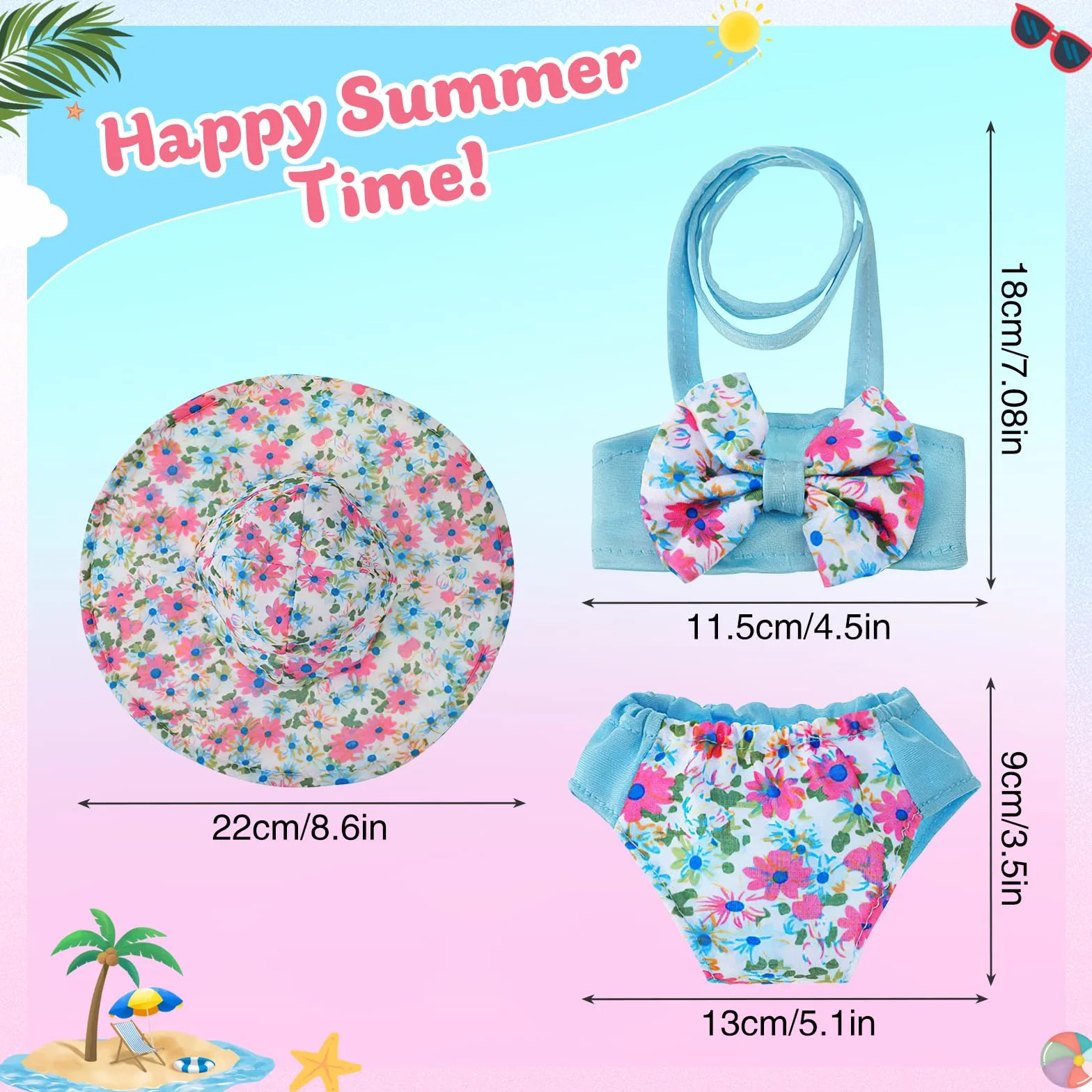 Costume da Bagno per Bambole, Set di Nuoto per Bambole, Vestiti Bambola Estate con Costumi da Bagno, Occhiali da Sole,Cappello, Pantofole, Vestite Bambole Reborn per Bambole 35-45 cm