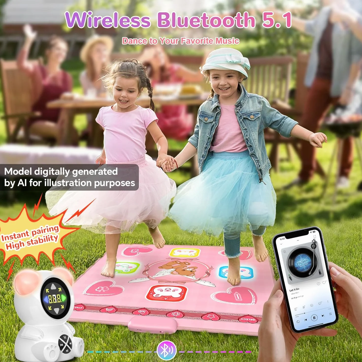 Tappetino da Ballo Ricaricabile con Bluetooth, Luci LED, 5 Modalità di Gioco per Bambine 3-12 Anni Rosa