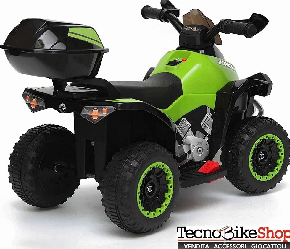 Tecnobike Shop Mini Quad Deluxe 6V luci Suoni Batteria Ricaricabile Marcia Avanti e Indietro Baluetto e Parabrezza (Verde)